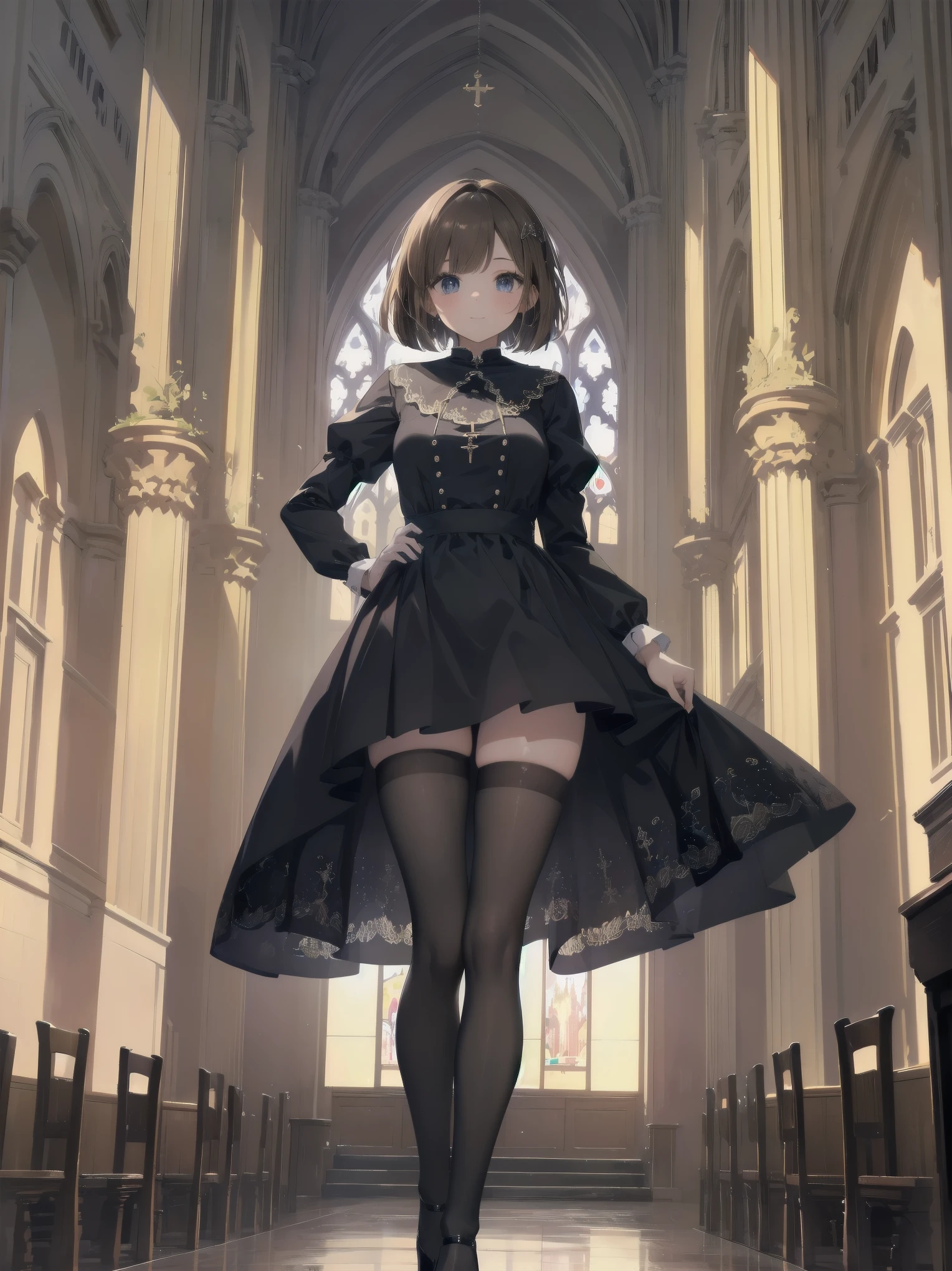 (Ultimate masterpiece), (Superb quality), (Ultra-detailed), High resolution, Ultimate beauty, High saturation, Vivid,.
Artistic AI Art Galaxy、one girl、dynamic pose、
1 beautiful girl, (cute girl), (thighs, black tights), (high heels), (cathedral dress), convent dress,
Super smile, brown hair, one length bob cut braided, (standing, dynamic pose), (dainty pose, super cute), oldest and historic place of worship, indoor background,
Fashion magazine shoot, professional shading, best illustration of her looking pretty.