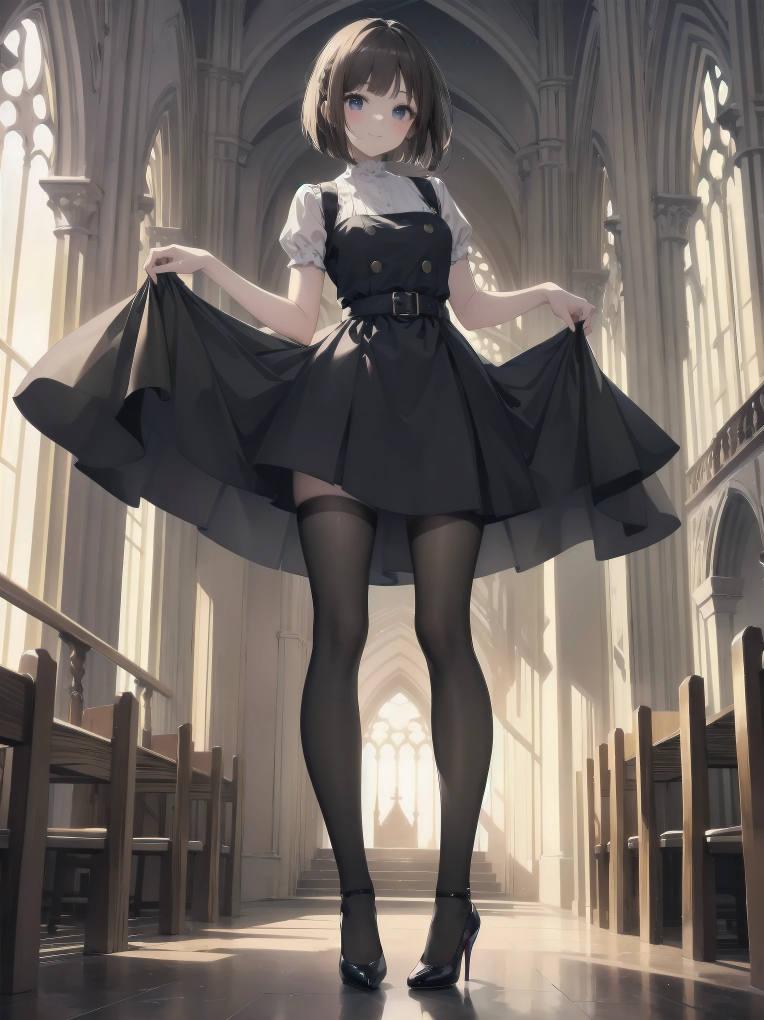 (Ultimate masterpiece), (Superb quality), (Ultra-detailed), High resolution, Ultimate beauty, High saturation, Vivid,.
Artistic AI Art Galaxy、one girl、dynamic pose、
1 beautiful girl, (cute girl), (thighs, black tights), (high heels), (cathedral dress), convent dress,
Super smile, brown hair, one length bob cut braided, (standing, dynamic pose), (dainty pose, super cute), oldest and historic place of worship, indoor background,
Fashion magazine shoot, professional shading, best illustration of her looking pretty.