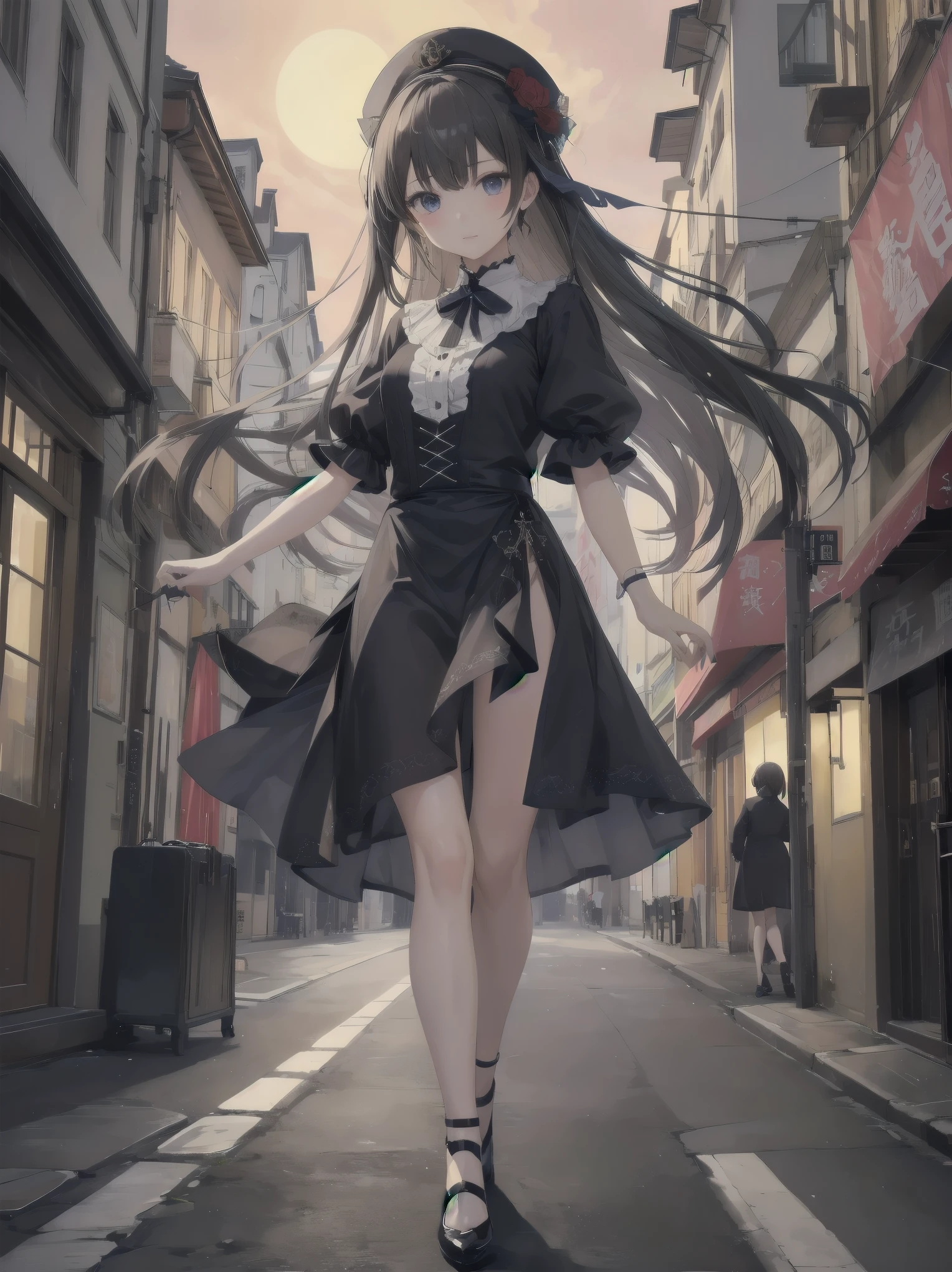 Artistic AI Art Galaxy、one girl、dynamic pose、(Ultimate masterpiece), (Superb quality), (Ultra-detailed), High resolution, Ultimate beauty, High saturation, Vivid,. 1 beautiful girl,(cute girl)「the girl、While watching the moon floating in the night sky、Strolling through the streets of Vienna in the 1920s。she、With neat clothes and elegant poses、天才美少女剣士のshe必殺技を唱える