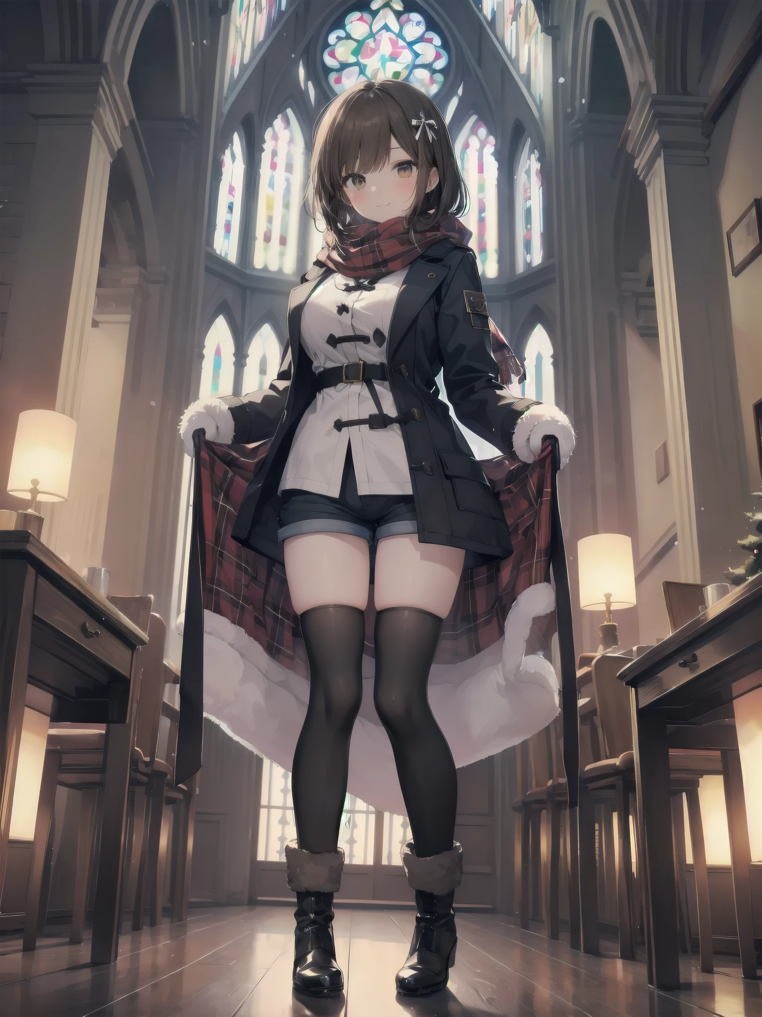 (Ultimate masterpiece), (Superb quality), (Ultra-detailed), High resolution, Ultimate beauty, High saturation, Vivid,.
1 girl, solo, wide angle, full body, large breasts, smile, brown hair, bright brown eyes, mittens, plaid scarf, duffel coat, corduroy shorts, thigh high socks, short boots, winter, snow, church, christmas season, christmas tree, nice hands, perfect hands,