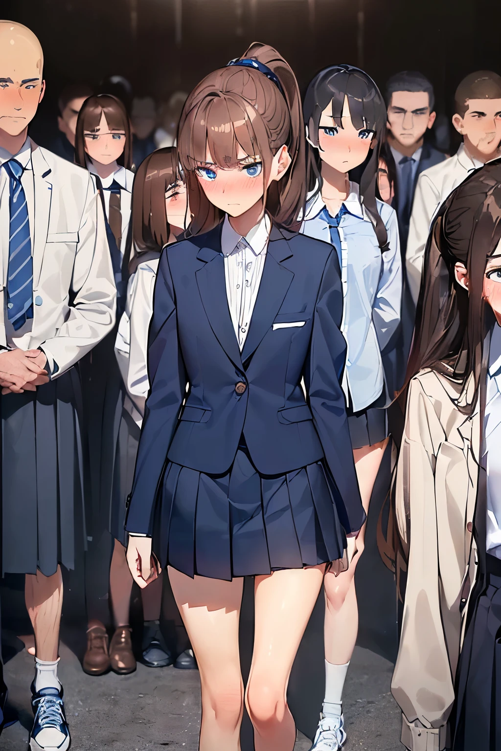 ((best quality)), ((masterpiece)), (detailed), (((perfect face))), (((slender 16yo teenage girl))), (((wearing button white shirt))), (((wearing dark blue pleated skirt))), (((brown hair))), ((ponytail)), ((blue eyes)), (((shy:1.3))) ((blushing:1.5)), ((slender thighs)), ((slender hips)), (((girl looking away))), ((((crowded high school)))), ((((male teenagers in suits)))), ((((crowd of students)))), (((wearing sneakers)))