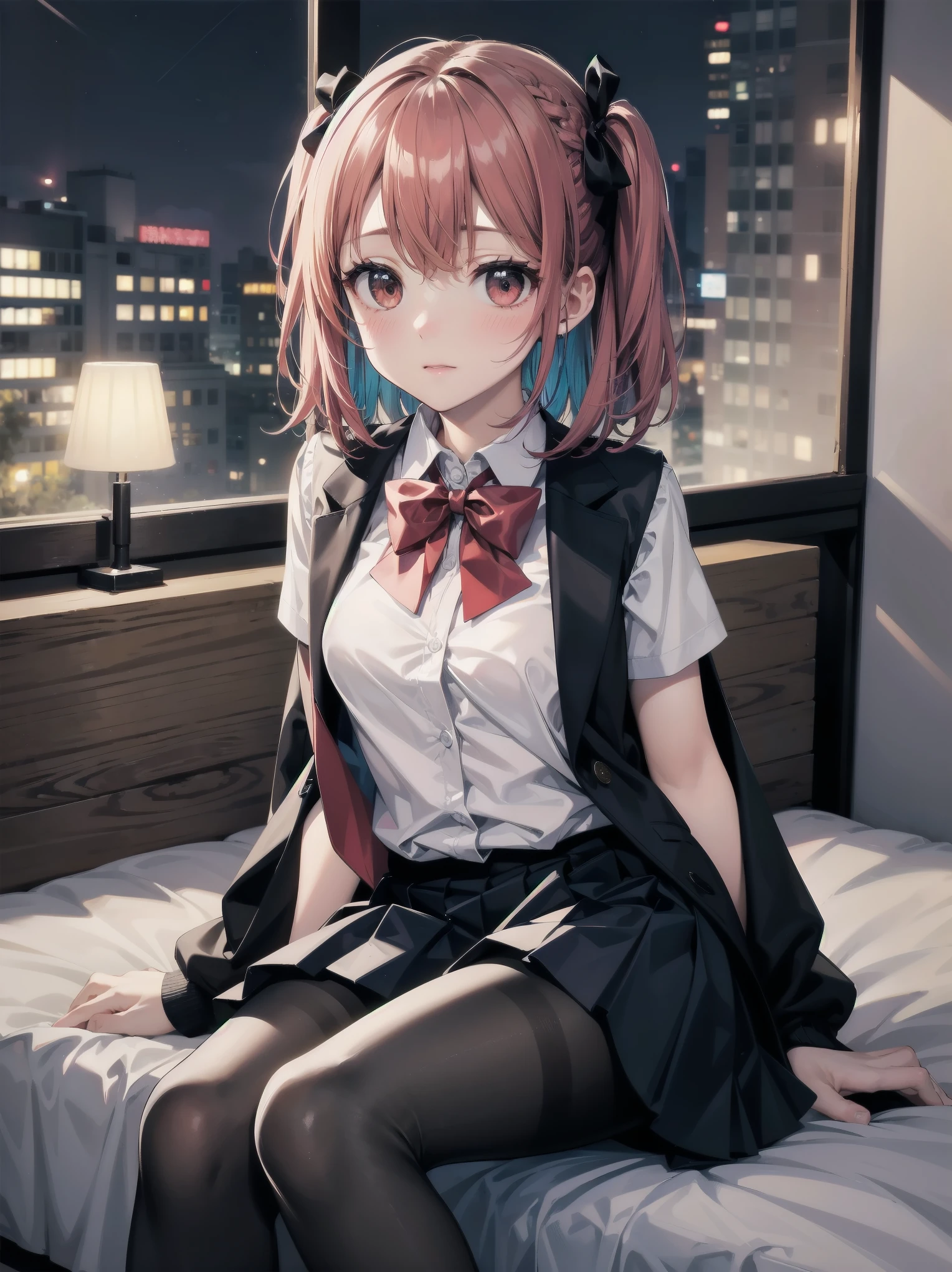masterpiece, highest quality, High resolution, super detailed, 1 girl、solo、medium hair、braid、colorful hair,one side up,parted bangs,side lock,hair ribbon,Jacket,black Jacket,open Jacket,red bow tie,vest,brown vest,shirt,white shirt,short sleeve,shorter than long sleeve,skirt,black skirt,pantyhose,brown 黒色のpantyhose,Argyle Legwear,indoor,sitting,bed,blush,(embarrassing:1.2),(night:1.4),
