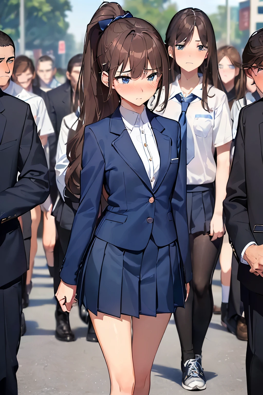 ((best quality)), ((masterpiece)), (detailed), (((perfect face))), (((slender 16yo teenage girl))), (((wearing button white shirt))), (((wearing dark blue pleated skirt))), (((brown hair))), ((ponytail)), ((blue eyes)), (((shy:1.3))) ((blushing:1.5)), ((slender thighs)), ((slender hips)), (((girl looking away))), ((((crowded high school)))), ((((male teenagers in suits)))), ((((crowd of students)))), (((wearing sneakers)))