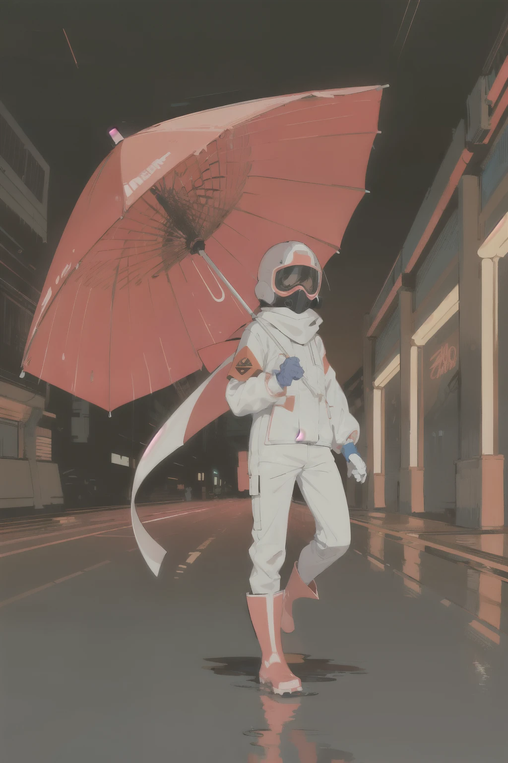 (ultra detailed,ultra high res,detailed background),((2D)),((flat color)),((muted color)),((floating neon)),1solo,looking at viewer, graffiti, white hazmat suit, (big red rain boots), plush scarf, full body image, european umbrella, skill helmet