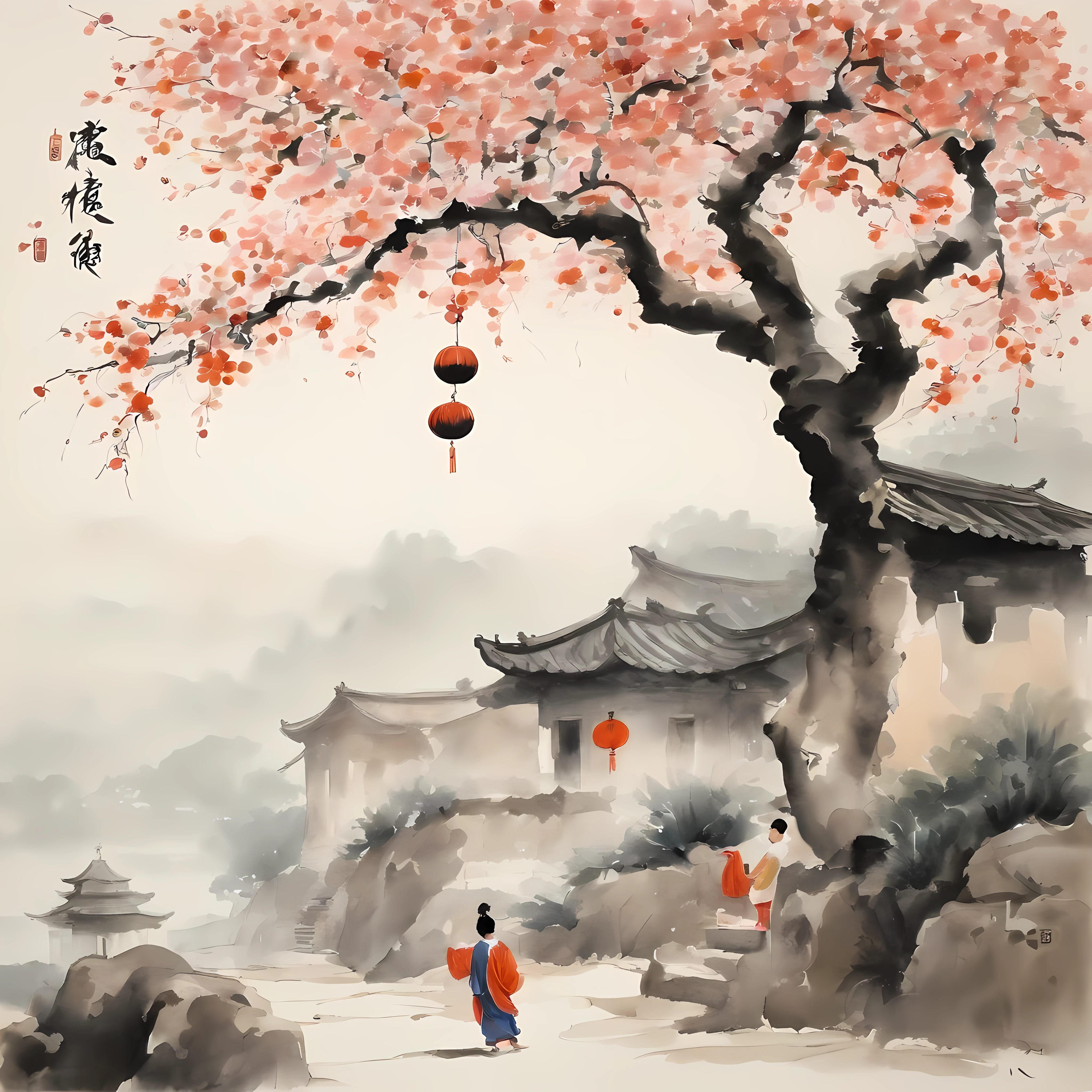 An artwork inspiRed by Wu Guanzhong's watercolor painting, Depiction of Goku from Dragon Ball admiring a persimmon tree. artwork, Reminiscent of modern European ink painting and Chinese ink painting styles, Capturing the essence of traditional Chinese and Japanese art. In the background stands a small tree covered with lanterns, Two little girls playing under a plum tree near an ancient house. The white lined paper background adds simplicity and charm to the composition. Color palette features pink, Red, Black, purple, blue, yellow and greens, Create a vibrant and festive atmosphere,Reminiscent of Chinese New Year