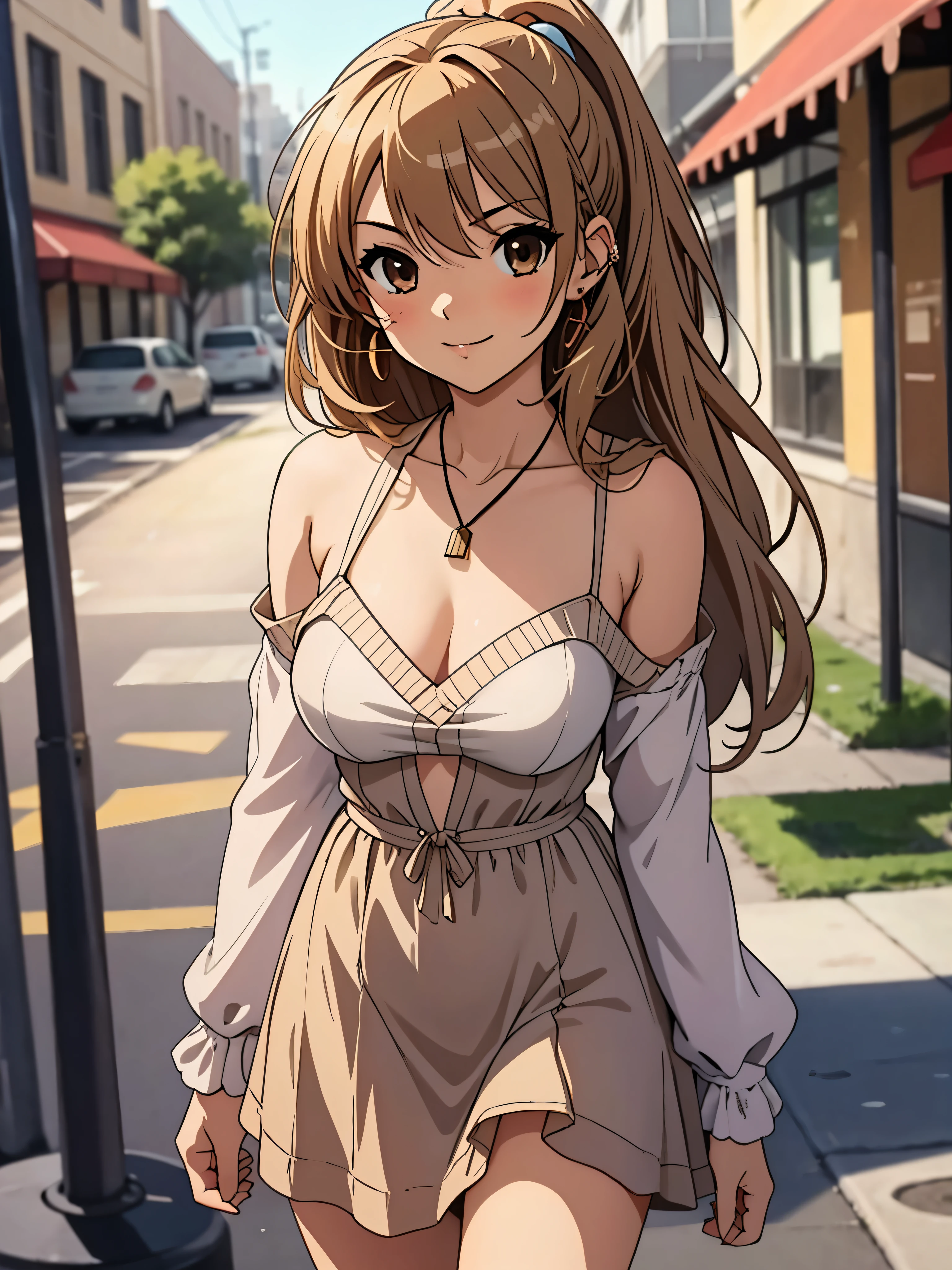(masterpiece, best quality), 1girl, solo, face, parted lips, looking at viewer, light blush, light smile, pendant, ear piercing, long eyelashes, blonde hair, long wavy hair, high ponytail, asymmetrical bangs, light brown eyes, light freckles, pale skin, outdoors, park, sunlight, pink scrunchie, strapless dress, small perky breasts, sexually suggestive, haruhi suzumiya.
