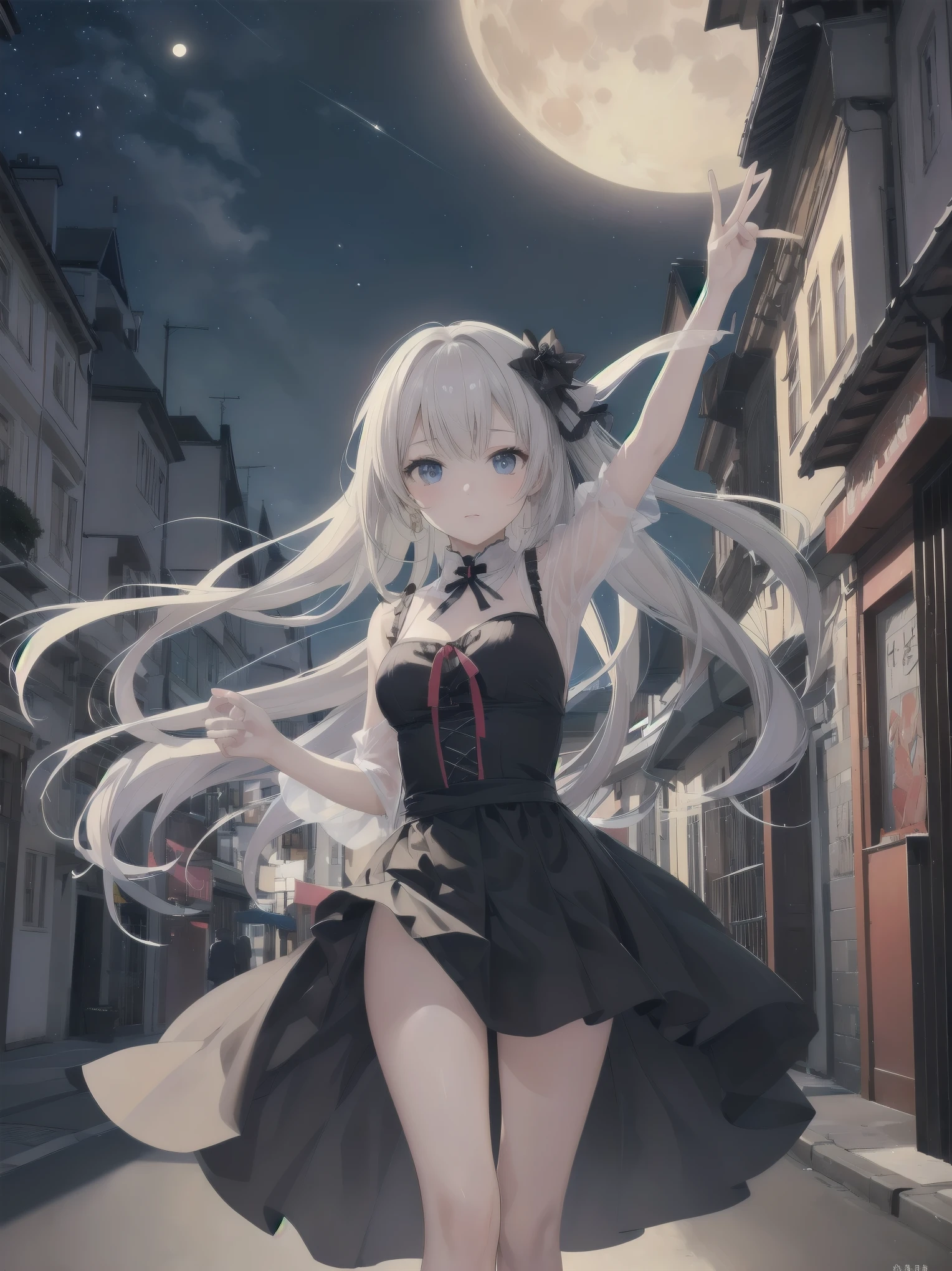 Artistic AI Art Galaxy、one girl、dynamic pose、(Ultimate masterpiece), (Superb quality), (Ultra-detailed), High resolution, Ultimate beauty, High saturation, Vivid,. 1 beautiful girl,(cute girl)「the girl、While watching the moon floating in the night sky、Strolling through the streets of Vienna in the 1920s。she、With neat clothes and elegant poses、天才美少女剣士のshe必殺技を唱える