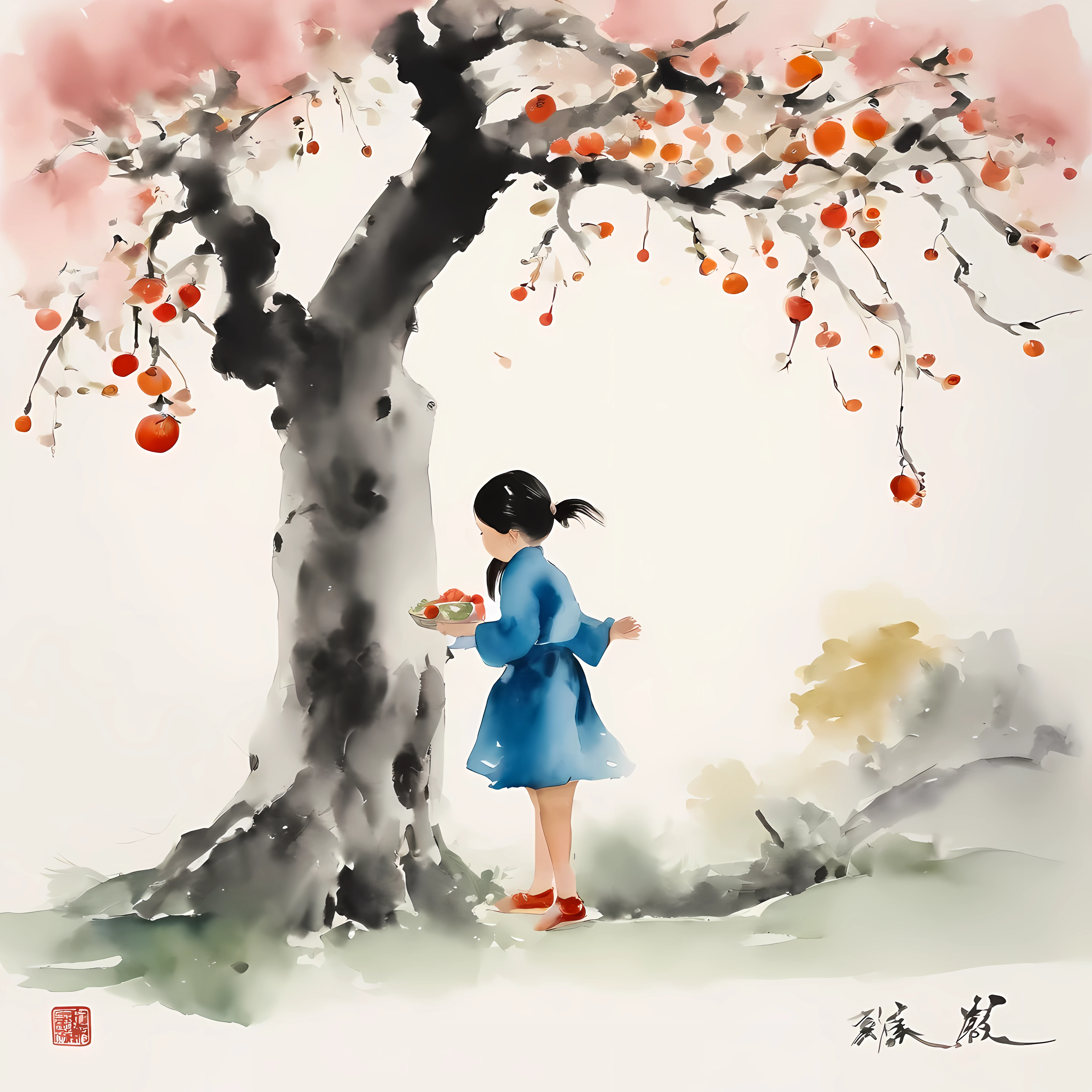 The work is inspiRed by Wu Guanzhong’s watercolor paintings,《Dragon Ball》A depiction of Wukong admiring the persimmon tree。This work is reminiscent of modern European ink painting and Chinese ink painting styles,Capturing the essence of traditional Chinese and Japanese art。The background is a small tree coveRed with persimmons,Two little girls playing under the plum tree near the old house。The white base paper background adds simplicity and charm to the composition。Pink color palette、Red、Black、purple、blue、and green features,create a vibrant、festive atmosphere,Reminiscent of Chinese New Year
