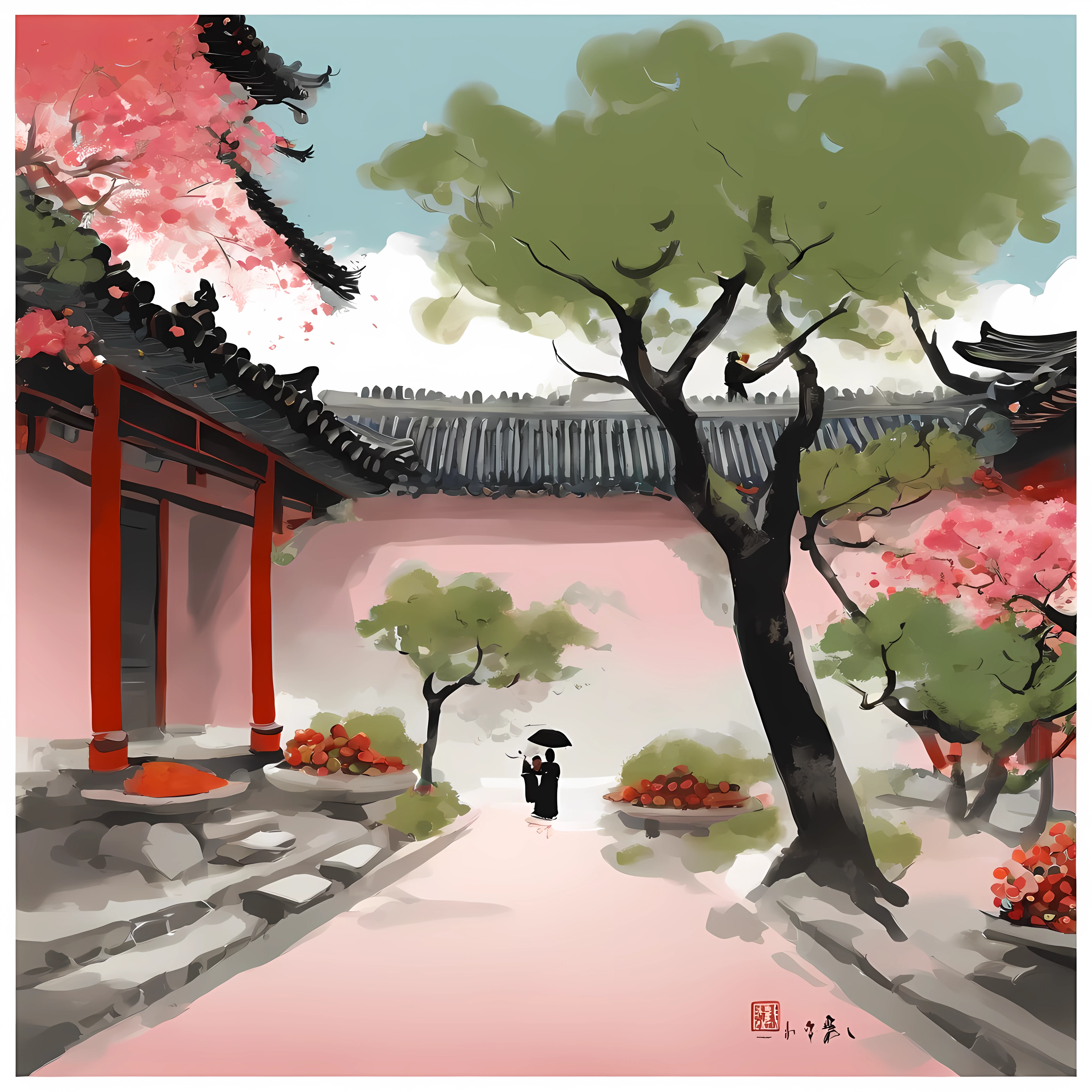 The work is inspiRed by Wu Guanzhong’s watercolor paintings,描绘Goku from Dragon Ball在赏柿子树。This work is reminiscent of modern European ink painting and Chinese ink painting styles,Capturing the essence of traditional Chinese and Japanese art。The background is a small tree coveRed with persimmons,Two girls playing under the plum tree near the old house。The white base paper background adds simplicity and charm to the composition。Pink color palette、Red、Black、purple、blue、and green features,create a vibrant、festive atmosphere,Reminiscent of Chinese New Year