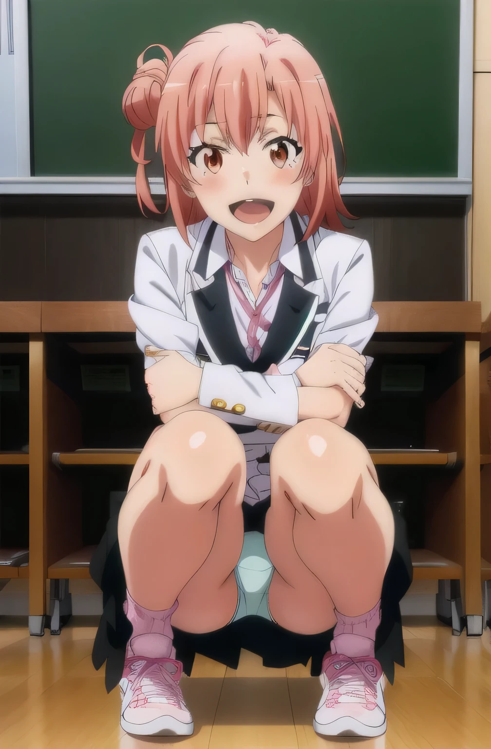 1 girl  , Yuigahama Yui , Classroom Floor、,open your mouth, uniform,,black blazer,shirt,check skirt,(White shiny panties),(anime screenshot),squat,thighs,knees,calf,pink sneakers,whole body,smile,from the front