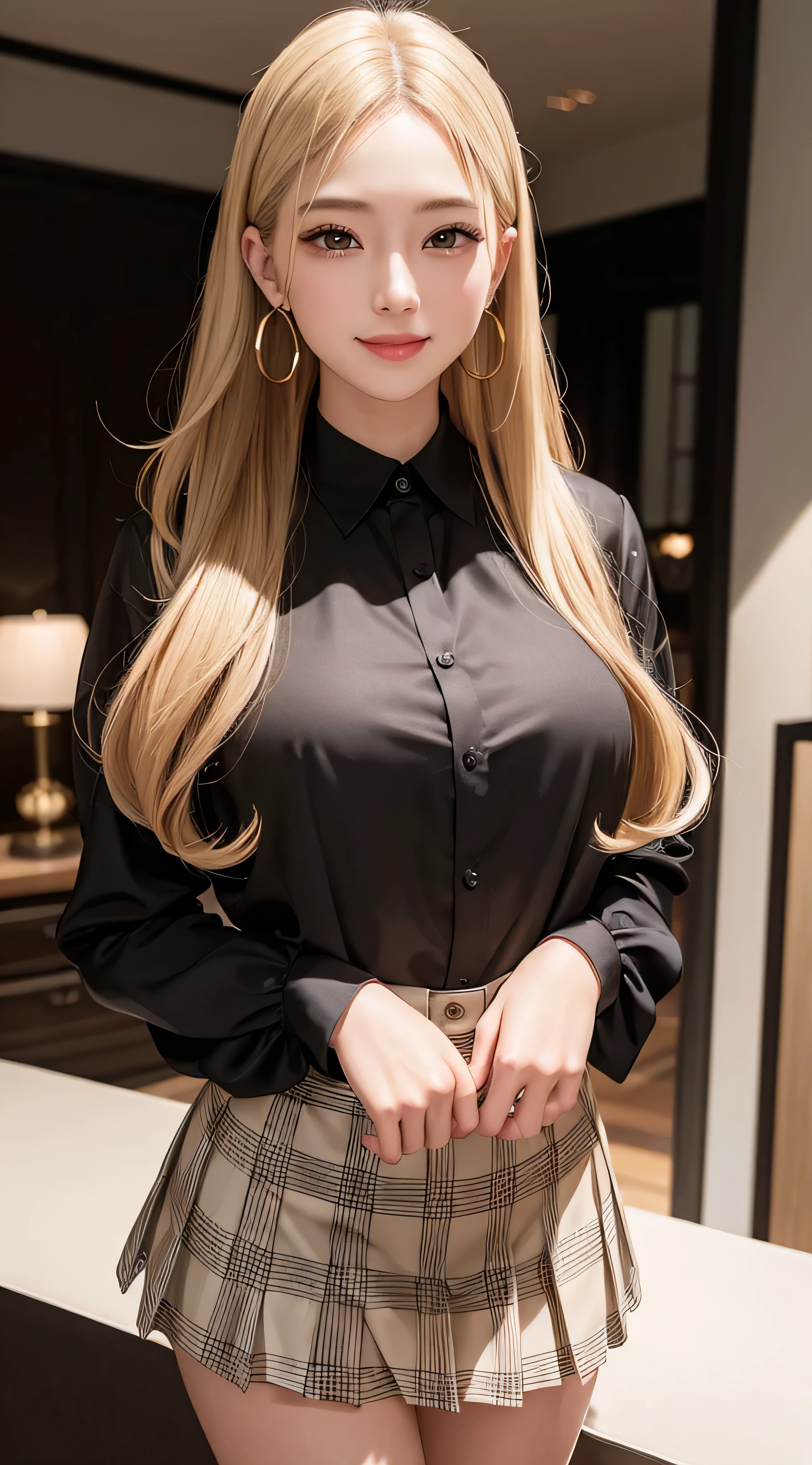 western women、Fashion Model、Wearing a satin blouse, brown coloured blouse,ultra-thin fabric、smooth、See-through fabric、Mini pleated skirt with many checked pleats、Glamour、paparazzi took a photo of her、super long blonde hair、loose wavy hair、gold necklace_Large earrings、brown eyes、8K、High resolution、masterpiece、最High resolution、HD、very detailed、voluminous lighting、photorealistic、shy smile