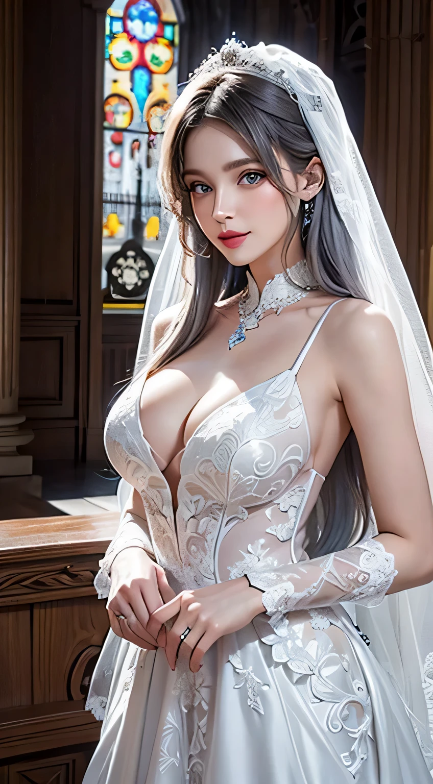 photorealistic, high resolution, soft lights, 1women, solo, smile, hips up, (blue eyes, long hair, white hair), wedding dress, bridal dress, ([luxury tuxedo: :12][:wedding dress:7]:1.4), indoors, bangs,necklace, large breasts, (cathedral, wedding:1.2), heavy lace, jewelry, arm tattoo