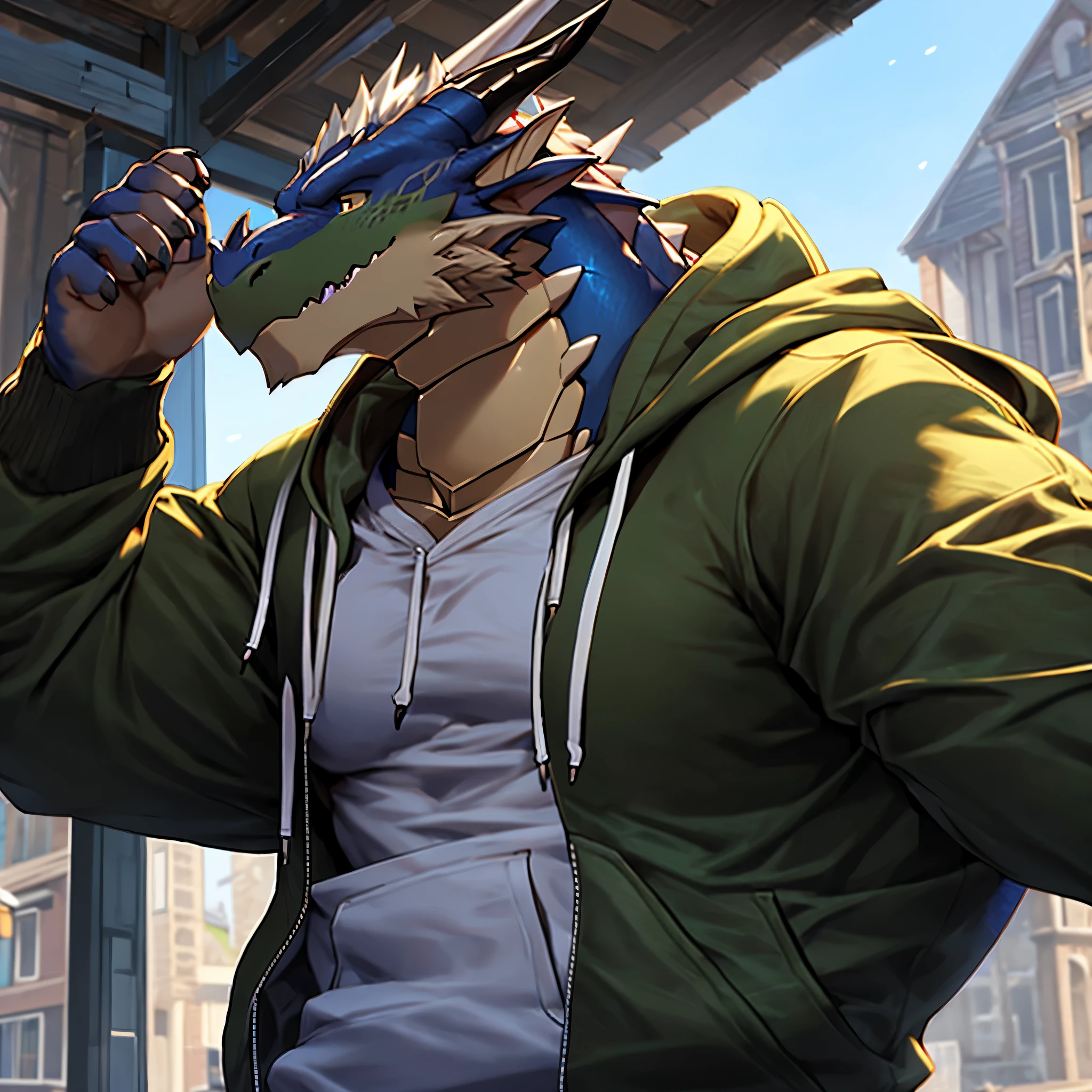nj5furry,((dragon,hoodie)),white fur,male, kemono, ((extremely realistic shading, masterpiece, extremely detailed, photorealistic)),
,strong, mature male, dynamic pose