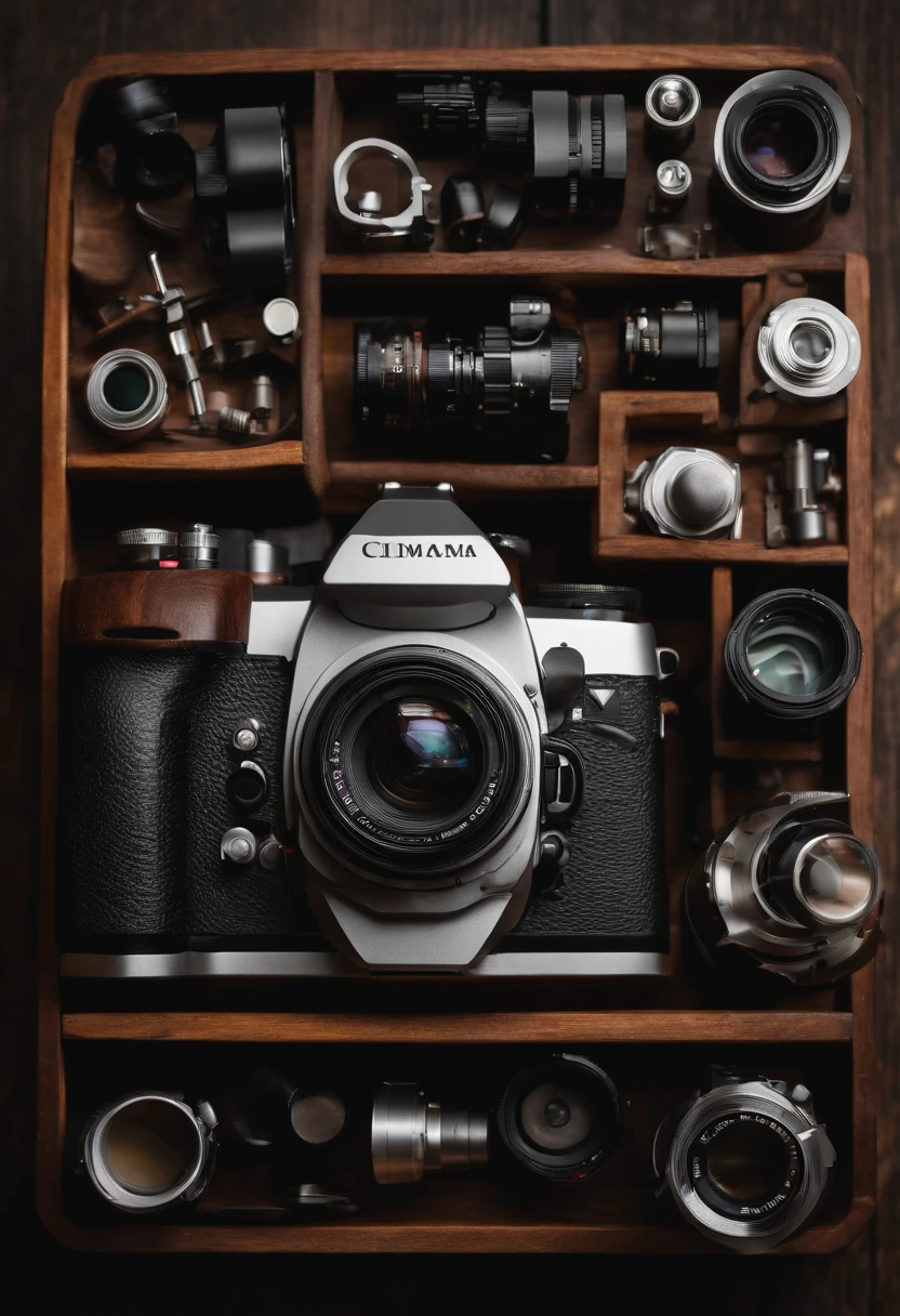 generates an image of a professional photography camera completely disassembled with the parts together on a wooden table white background