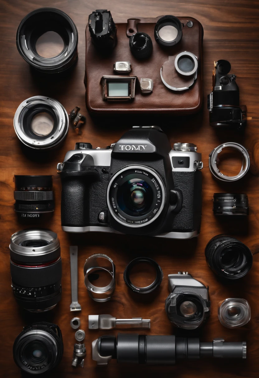 generates an image of a professional photography camera completely disassembled with the parts together on a wooden table white background