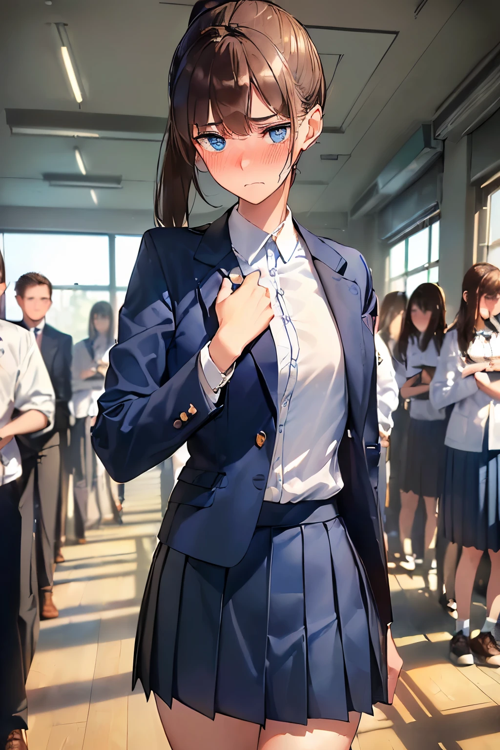 ((best quality)), ((masterpiece)), (detailed), (((perfect face))), (((slender 16yo teenage girl))), (((wearing button white shirt))), (((wearing dark blue pleated skirt))), (((brown hair))), ((ponytail)), ((blue eyes)), (((shy:1.3))) ((blushing:1.5)), ((slender thighs)), ((slender hips)), (((girl looking away))), ((((crowded high school classroom)))), ((((seated male teenagers in suits)))), ((((crowd of seated students))))