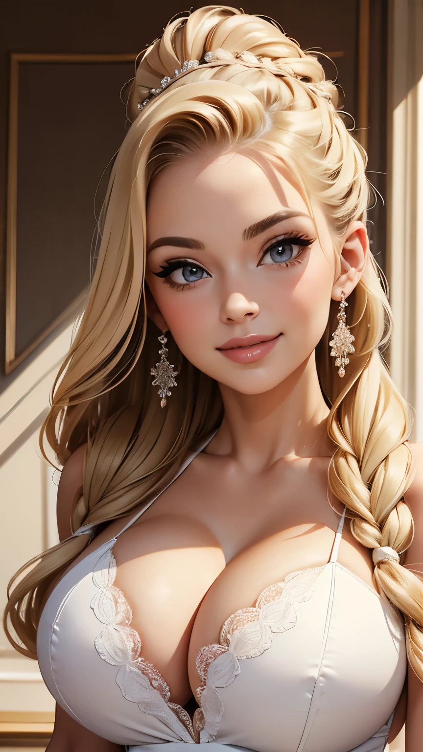 (((masterpiece face))), (((perfect face))), (beautiful face))), blonde, very long ponytail, French braid through ponytail, big tits, massive tits, huge tits, smile, debutante dress, debutante gown, party bimbo, Close up,