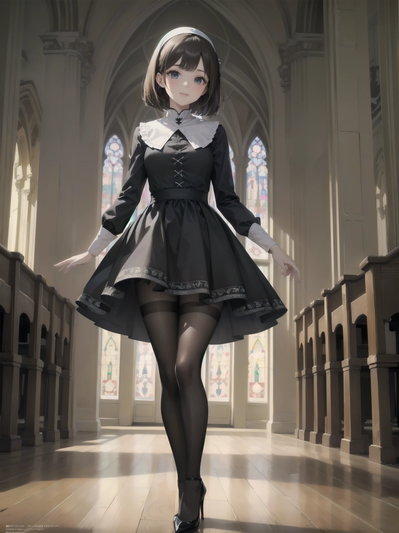 (Ultimate masterpiece), (Superb quality), (Ultra-detailed), High resolution, Ultimate beauty, High saturation, Vivid,.
Artistic AI Art Galaxy、one girl、dynamic pose、
1 beautiful girl, (cute girl), (thighs, black tights), (high heels), (cathedral dress), convent dress,
Super smile, brown hair, one length bob cut braided, (standing, dynamic pose), (dainty pose, super cute), oldest and historic place of worship, indoor background,
Fashion magazine shoot, professional shading, best illustration of her looking pretty.