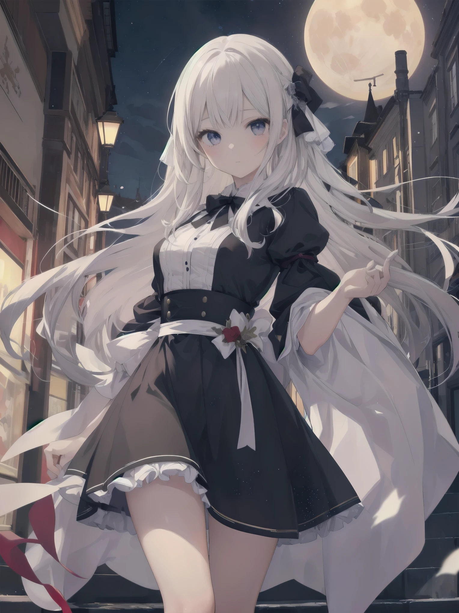 Artistic AI Art Galaxy、one girl、dynamic pose、(Ultimate masterpiece), (Superb quality), (Ultra-detailed), High resolution, Ultimate beauty, High saturation, Vivid,. 1 beautiful girl,(cute girl)「the girl、While watching the moon floating in the night sky、Strolling through the streets of Vienna in the 1920s。she、With neat clothes and elegant poses、天才美少女剣士のshe必殺技を唱える