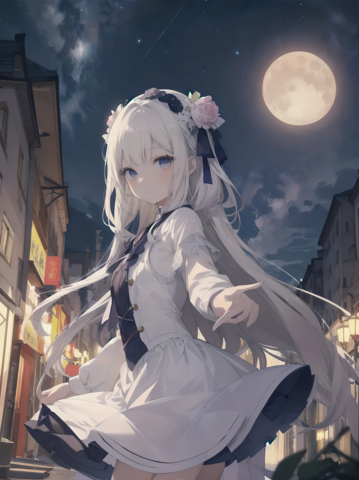 Artistic AI Art Galaxy、one girl、dynamic pose、(Ultimate masterpiece), (Superb quality), (Ultra-detailed), High resolution, Ultimate beauty, High saturation, Vivid,. 1 beautiful girl,(cute girl)「the girl、While watching the moon floating in the night sky、Strolling through the streets of Vienna in the 1920s。she、With neat clothes and elegant poses、天才美少女剣士のshe必殺技を唱える