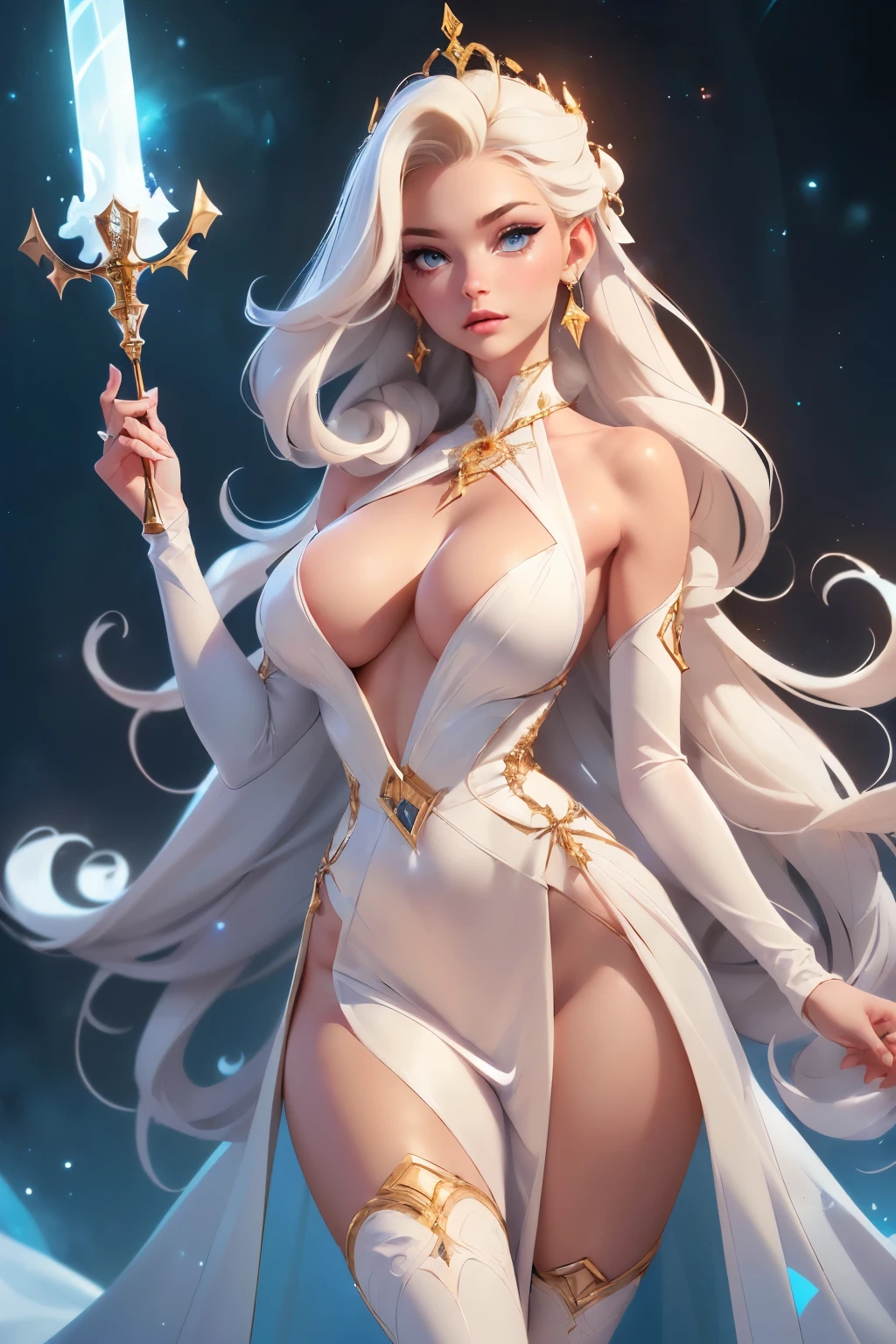 (())((Fully nude, bare body.))((sexy tall russian supermodel)) ((beautiful face)) (red lipstick) ((big bright light blue eyes)) ((very long straight platinum hair)) ((pale skin)) ((very huge breast:1.5)) ((perfect slender body:1.3)) ((wears fantasy trsnparent, translucid white windy dress)) (()) ((ice crown, choker, earrings, white stocking)) ((wield magic wand))((beauty supermodel, sexy posing inside photo studio for epic camera photoshoot, fantasy ice, frozen decoration, light of reflector over her))(high resolution, dynamic shadows)((photorealistic:1.5)) ((masterpiece:1.3)) (8k) (perfect face) ((best quality:1.4)) (perfect hands and eyes)