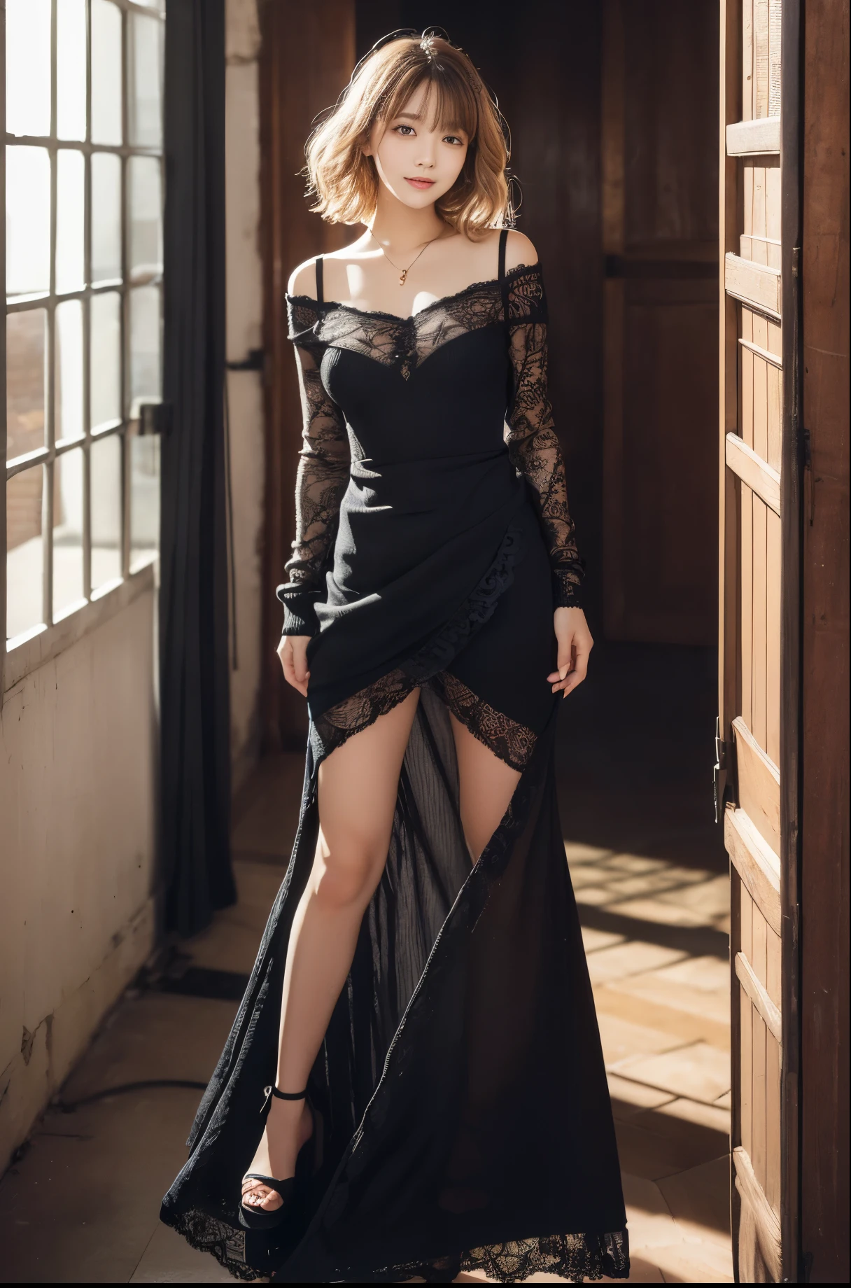(A very cute 20 year old young woman from Japan),  ((delicate hair between brown and blonde)), ((messy side wave short hair)),medium bust size､small breasts､ (((clean hands)))，(curly hair)，(((very kind smile))), (((she wears black lace panties)))，(((Wearing a super short knit dress in random colors)))，(((I am wearing a random colored knit dress..。))) ((highest quality, 16k, table top: 1.3)), light shines on your face, highly detailed face, highly detailed lips, fine eyes, city street，angle from below:1.5，without anything in hand、