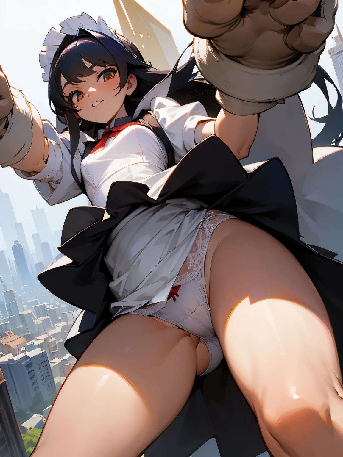(masterpiece), furry girl, giantess growth, maid dress, upskirt, white panties, tiny city, front