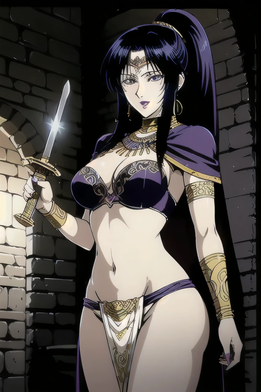 Karla,1girl,
ponytail,black hair,purple eyes,purple lips,
masterpiece, (ultra detailed background, delicate pattern, intricate detail), (highly detailed, fine details),
best quality, beautiful lighting,, jewelry, smile, open mouth, (nsfw) not safe for work, armlet,
long hair, lips, navel, bracelet, medium breasts,, circlet, nailpolish, (loincloth, white loincloth,
pelvic curtain), complex detailed background, inside, stone wall, ancient interior, ancient egyptian room,
hieroglyphs, dark lighting, dark atmosphere, (cowboy shot), holding a sword, sword