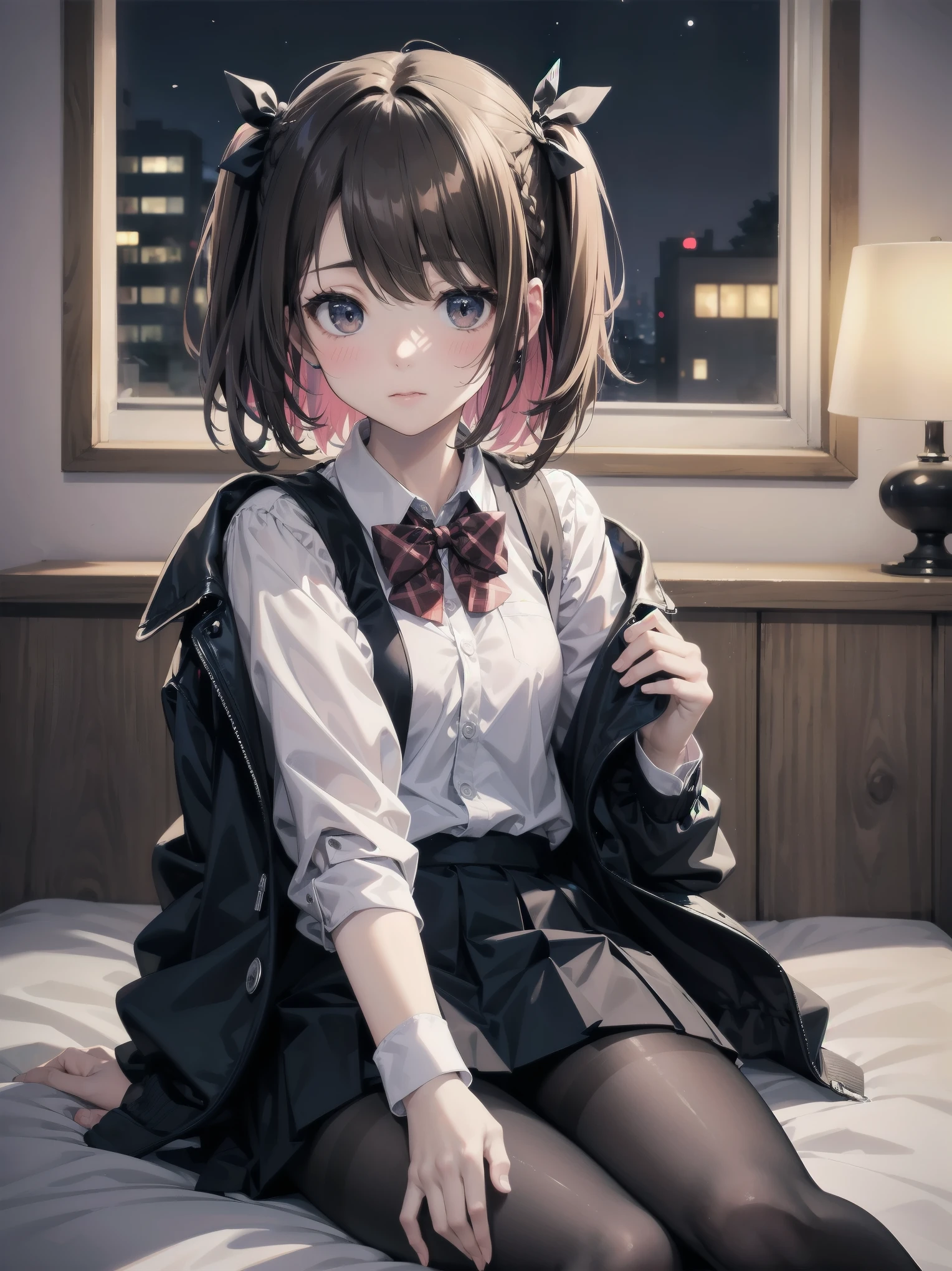 masterpiece, highest quality, High resolution, super detailed, 1 girl、solo、medium hair、braid、colorful hair,one side up,parted bangs,side lock,hair ribbon,Jacket,black Jacket,open Jacket,red bow tie,vest,brown vest,shirt,white shirt,short sleeve,shorter than long sleeve,skirt,black skirt,pantyhose,brown 黒色のpantyhose,Argyle Legwear,indoor,sitting,bed,blush,(embarrassing:1.2),(night:1.4),