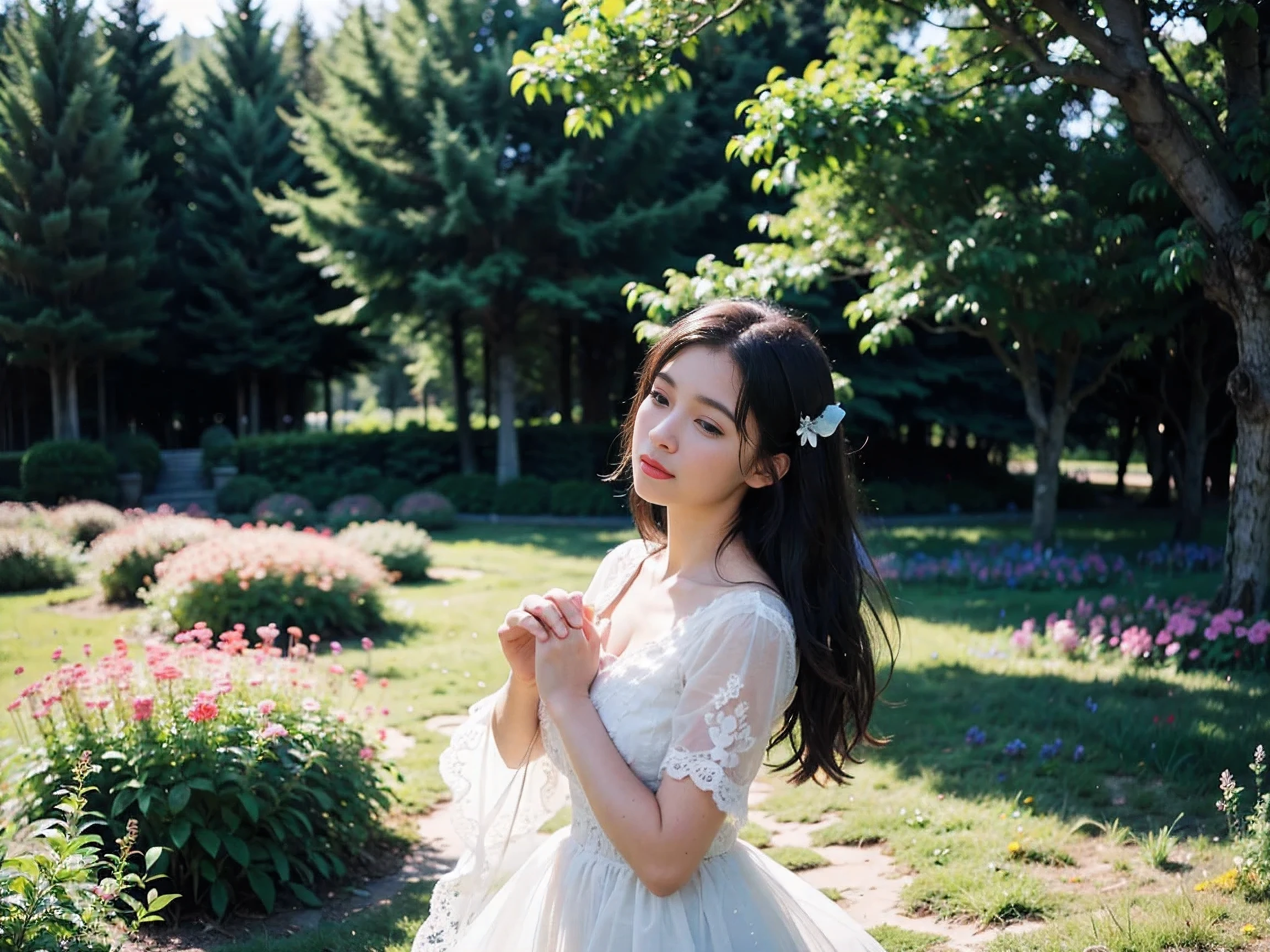 strange,fairy tale,A field of cute light blue lace flowers from the side,lace ornaments,(best quality,4k,8k,height,Masterpiece:1.2),very detailed,(realistic,photorealistic,photo-realistic:1.37),pastel colors,Portrait,Butterflies fly around,Magical atmosphere,Soft sunlight filters through the trees.,Fascinating scent,bright colors,Lively and lively,delicate lace pattern,floral accents,Thinking and dreaming,Multicolored petals,Ethereal beauty,romantic atmosphere,meadow,Calm and quiet,The wind whispered.,dancing flowers,Pleasant and charming,Quiet and charming,butterfly lace,sparkling dew,pure and innocent,Magic Forest,The setting is like a wonderland.,gorgeous and gorgeous,Glowing light among the flowers,play softly,Enchanting garden,Fantasyland Dreamscape,Mysterious and extraterrestrial,Delicate and intricate details,pastoral scenery,เวทมนตร์fairy tale,lace flowers,soft and gentle,Romantic flower paradise,Quiet and relaxing,สมบัติที่ซ่อนอยู่ในmeadow.