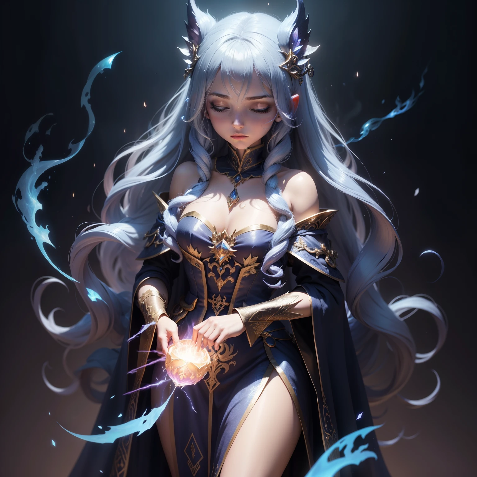 1girle, beautiful sexy, purple eyes, dynamic pose, sitcom expressions and movements, details of mage costumes, magic lines all over clothes holding a magic staff, magic crown on head, evil, determined, excitement, seductive smile, aqua eyes, eye reflections, halo, rimless glasses, multiple hair knots, action painting, surrealism, depth of field, cinematic lighting, god rays, ray tracing, sony fe gm, first-person perspective, perspective, moving diagram, uhd, masterpiece, Anatomically correct, best quality, 8k