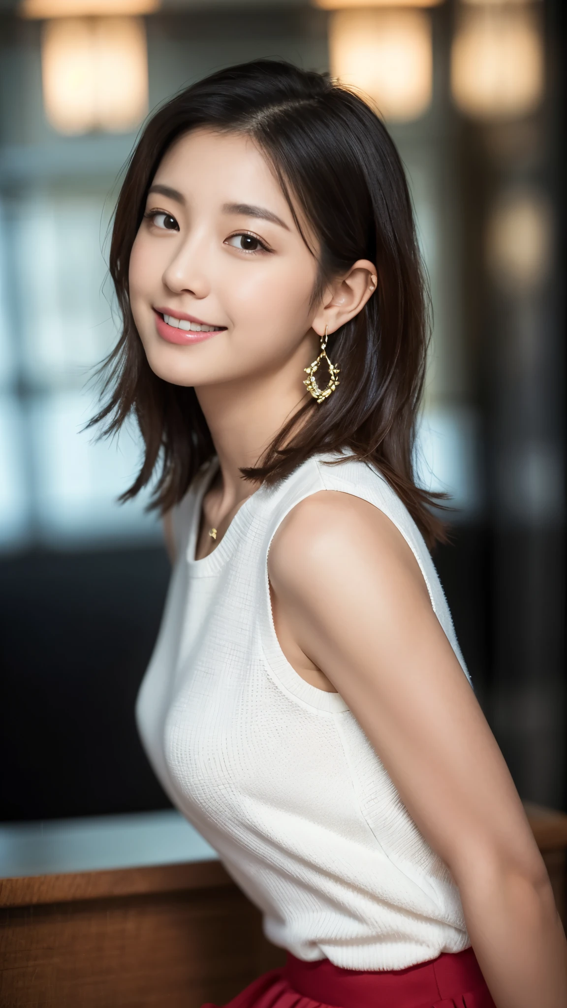 (highest quality, debris flies, realistic pictures, Super detailed, ultra high resolution, to be born:1.3), (1 female, beautiful japanese actress, 25 years old),  (shy smile), detailed face，Flashy makeup with red eyeshadow，Large ring earrings，light blonde delicate mid cut hair，the tips of the hair are wavy，Elegant hairstyle，fine eyes, Actress with slender figure，small breasts,  white shirt，(mini skirt)，white panties，