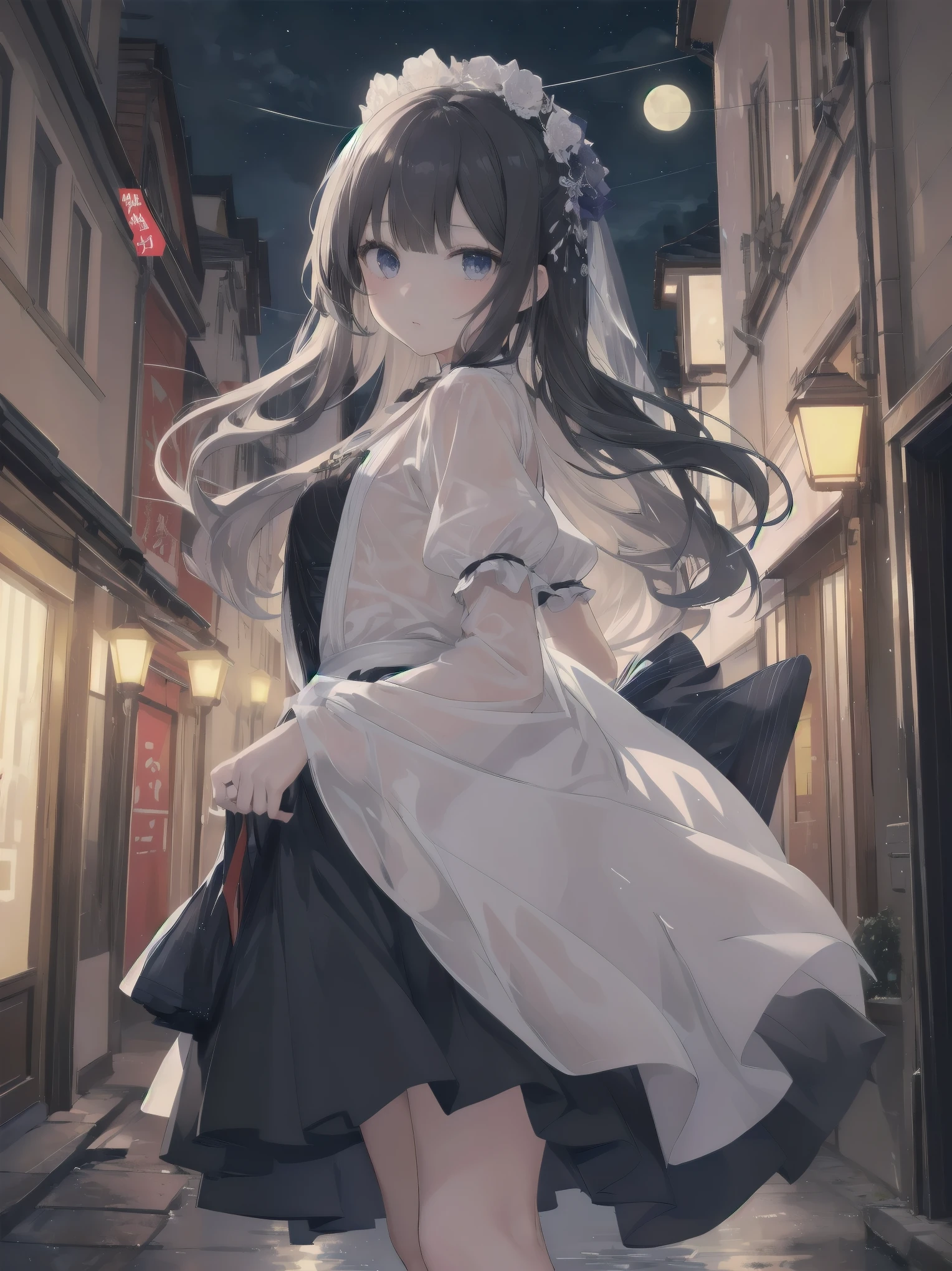 Artistic AI Art Galaxy、one girl、dynamic pose、(Ultimate masterpiece), (Superb quality), (Ultra-detailed), High resolution, Ultimate beauty, High saturation, Vivid,. 1 beautiful girl,(cute girl)「the girl、While watching the moon floating in the night sky、Strolling through the streets of Vienna in the 1920s。she、With neat clothes and elegant poses、天才美少女剣士のshe必殺技を唱える