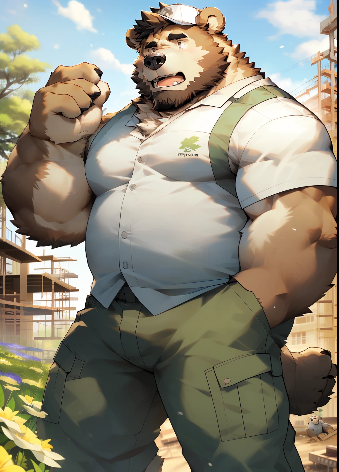 hairy，（（Bear，white vest，brown hiking pants，construction site hat）），beard，white socks，white fur，male，Common，full-body shot（（极其lifelike阴影，masterpiece，Very detailed，lifelike））， （（Detailed description of eyes））（（Bear）），dynamic poses，A corner of the construction site，green plants，flower，Shy（（极其lifelike背景，masterpiece，Very detailed，lifelike））Detailed background，8k，HD，