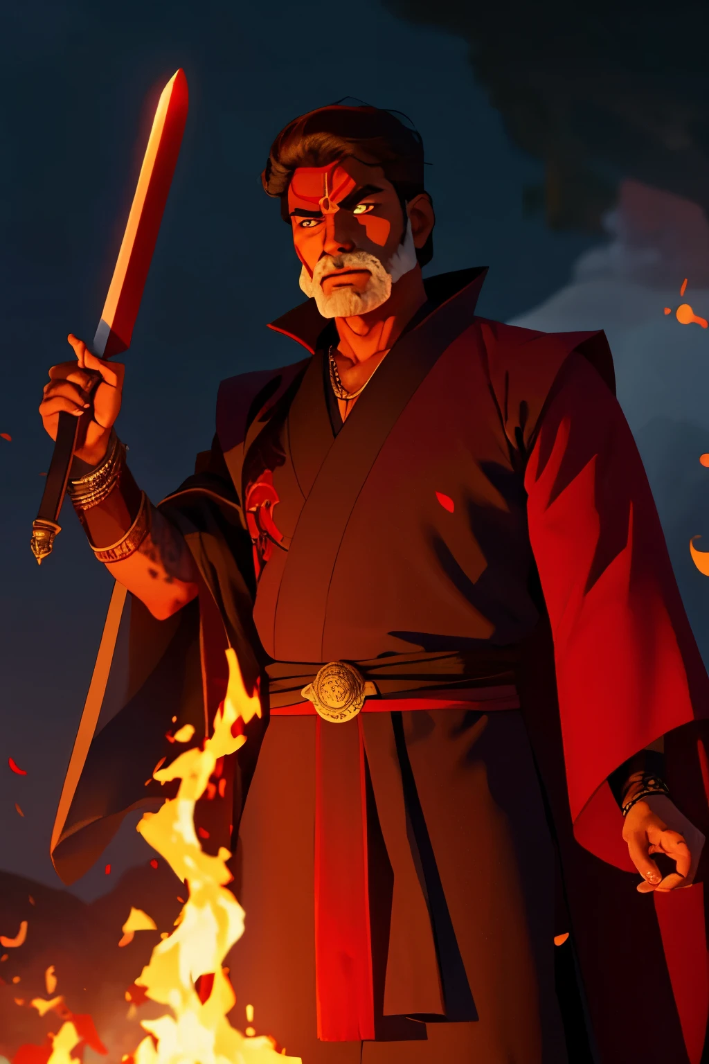 indian man with a red and black kimono with a sword in one hand and fire in the other hand and a red tatoo in his arm