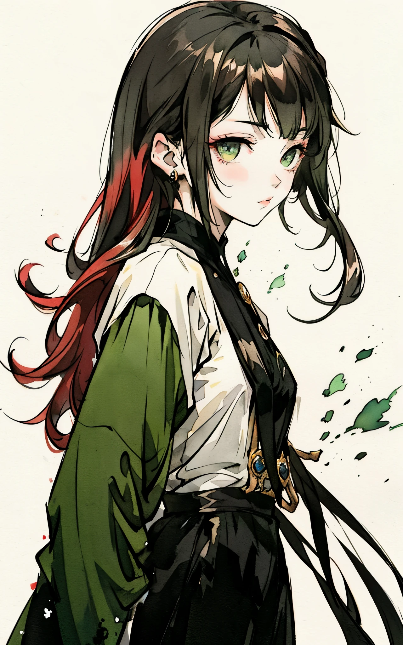 a redhead、Black woman with light green eyes, Wear elegant  attire, With scattered silhouettes and white background, intricate details, low profile, watercolor, splash
