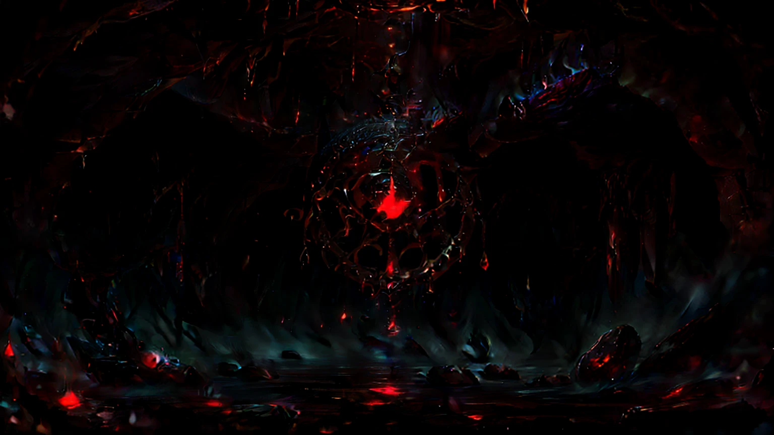 sinister ritual chamber, blood magic, sigil on ground, glow, mist, wide shot, stone walls