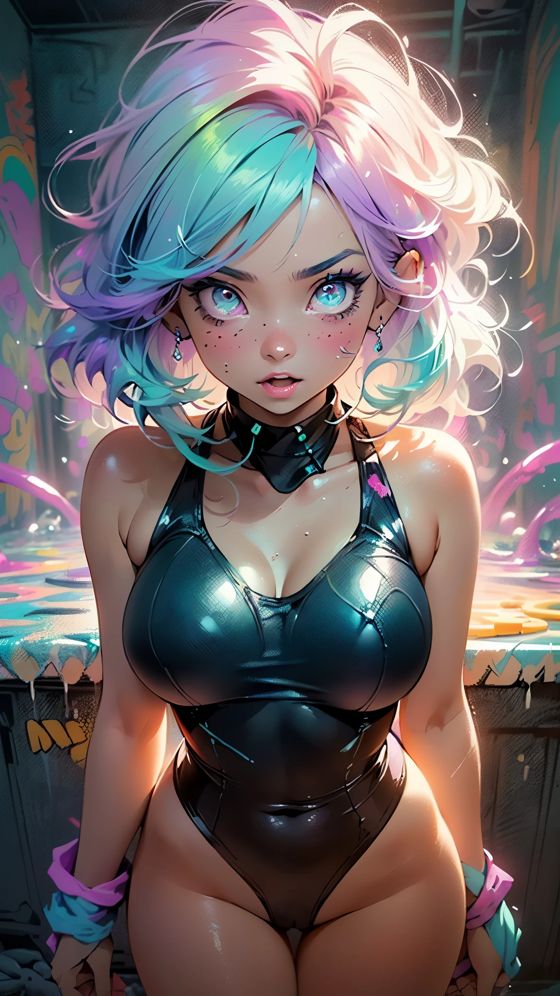 Brightly colored cat ears anime girl with headphones and (big breasts:1.3), ((Upturned eyes:1.3, perfect eyes,beautiful detailed eyes, The rainbow glows with ultra-detailed dark purple aquatic eyes:1.1, gradient eyes:1, beautiful finely detailed eyes:1, eyes symmetrical:1, Big highlight on the eyes:1.2)), see and shy, Blushing, half-open mouth, anxious, in a psychedelic room, ((((glow skin: 1.5, tanned skin, glowing skin, very glowing skin, glowing body)))), Psytrance artwork, psytrance, psychedelic art style, Neon color theme, (((masterpiece))), (intricate), 8k, Best quality, (visual intensity: 1.5), ((( Liquid hair paint:1.1))) ,(((Neon purple hair | Neon pink hair | neon blue hair | Aqua neon hair | purple hair | Fuchsia hair | fluorescent blue hair | amethyst hair | neon hair | bright pink hair :1.5))), ((made of paint and defy gravity,thick flow),(paint splatter:1.3), (bright hair: 1.3), (vibrant colors), dynamic pose, embarrassed,focused,scale to fit dimensions,Rule of thirds, (((nude, Censored for liquid painting))), multicolor background, Colorful theme, Playing Splash Paint, beautiful light, Colored light particle, high contrast clothing, splashes of color, Colored painting wall, Intricate details, exposure blending, HDR, (Graffiti Art),PLUS _Details:0.5,

((liquid painting one-piece swimsuit)),
