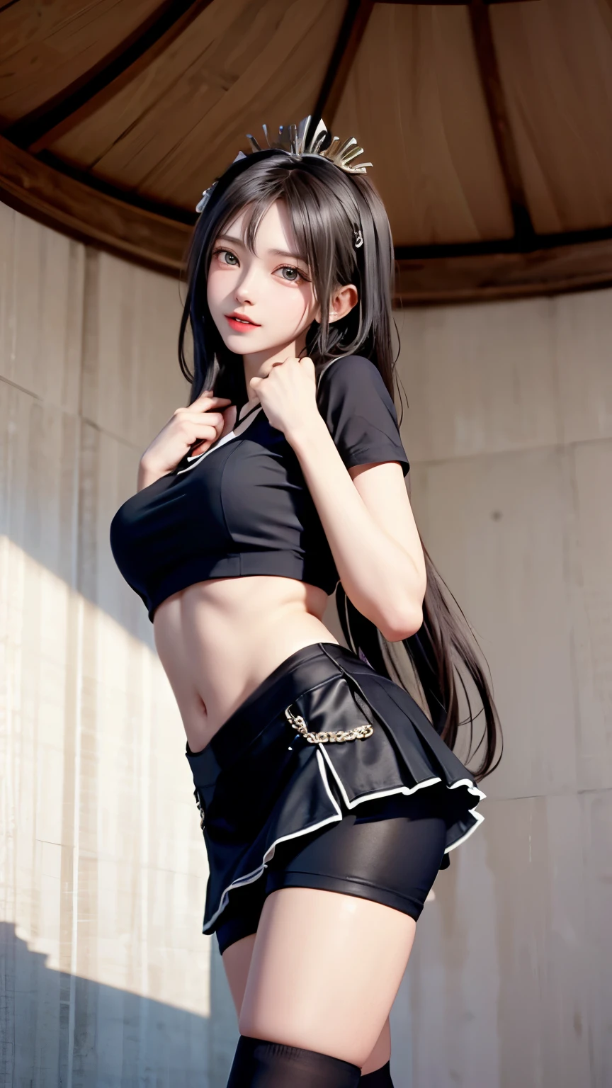 super model,perfect shape,Muchimuchi,girl is staring at the screen,2girl,,Thighhighs,beautiful feet,headdress,dignified expression,seen by a girl from below,Innocent face,mini skirt,girl doing roundhouse kick,voluptuous,bike shorts,tabard