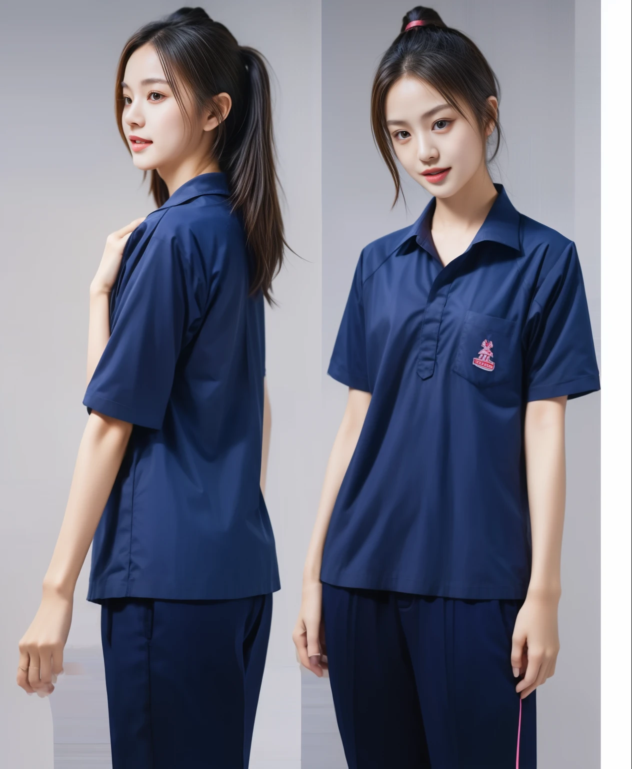 (best quality,10,10,height,Masterpiece:1.2),Special details,(realistic,ภาพrealistic,Realistic photos:1.37),1 Cute girl in the kitchen,shiny, ผิวshiny,only,smile softly,BDclothelue shirt:1.3)),short sleeve,shirt, กางเกงขาlong.,(navy_long_track pants:1.1), ((Kitchen Background)),Dynamic angle,excited,Face focus,dynamic poses,from behind,focus on ass,Masterpiece, best quality, ultra realistic, hyper-detail, 8K resolution, raw photos, Sharp focus, ((Navy blue shirt:1.1)), short sleeve, เส้นทางlong, perfect body, 2 mature women, 18 years old, Cinema-grade lighting system,blue sweatpants,shirtผ้าออกกำลังกาย,correct anatomy,perfect body, correct body, Sharp face, correct bodyทางกายวิภาค, full body, realistic gestures, long-haired, realistic poses,Wear long shorts...........................,ช่วงขาlong,Good shape,carved girl, Slender figure, model, Good shape, beautiful body,blue sweatpants, two girls kissing