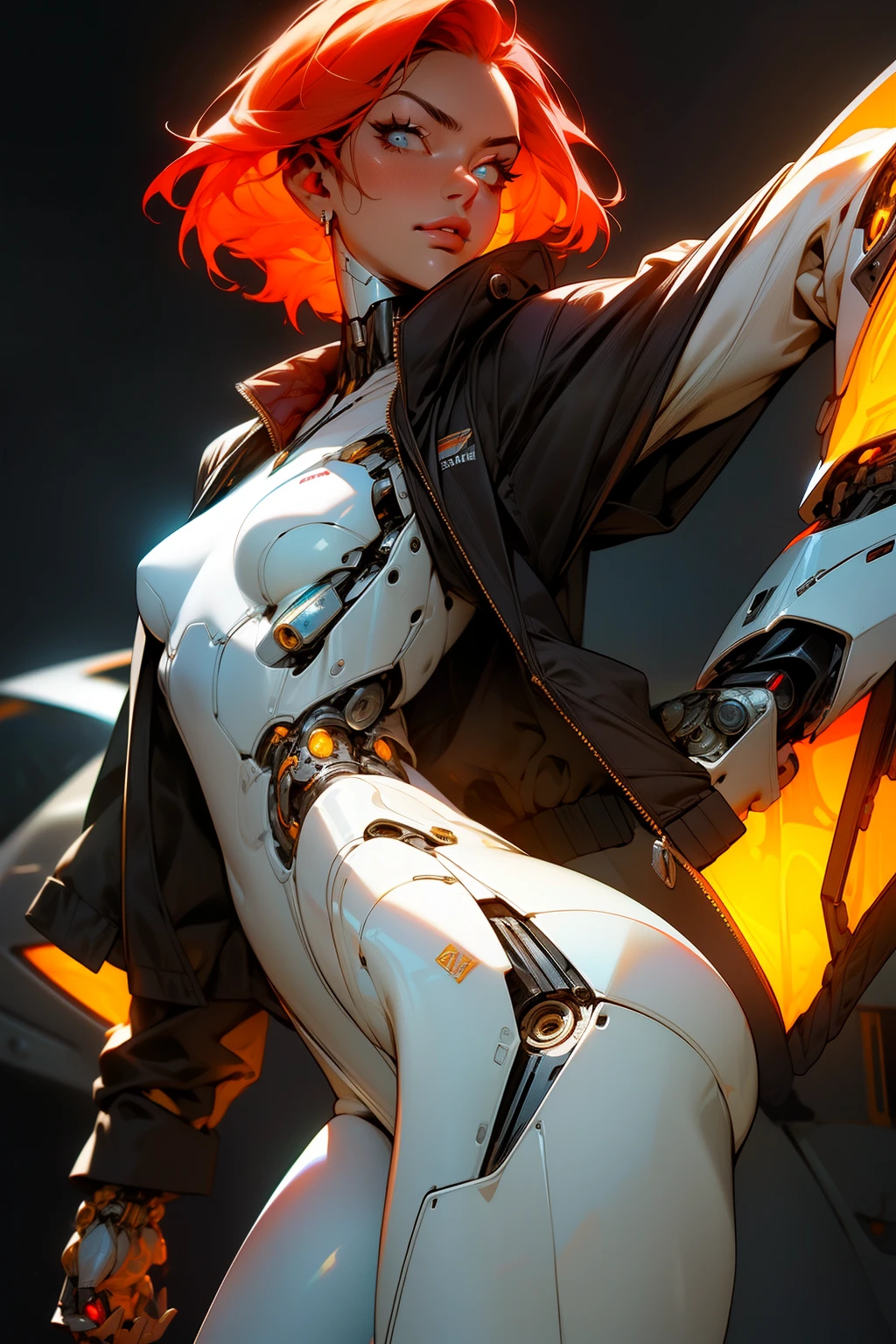 high quality, 4k, masterpiece, beautiful, cyborg girl, cowboy shot, looking at viewer, short red hair, girl, small breasts, thick thigh, robotic arms, robotic body, cyborg body, intricate detail, joint, detailed lines, robotic detail, holding fist up, holding hand up as fist, color robotic parts, robotic parts with color, glowing eyes, glowing parts, jacket, jacket over robot parts, short jacket, half jacket