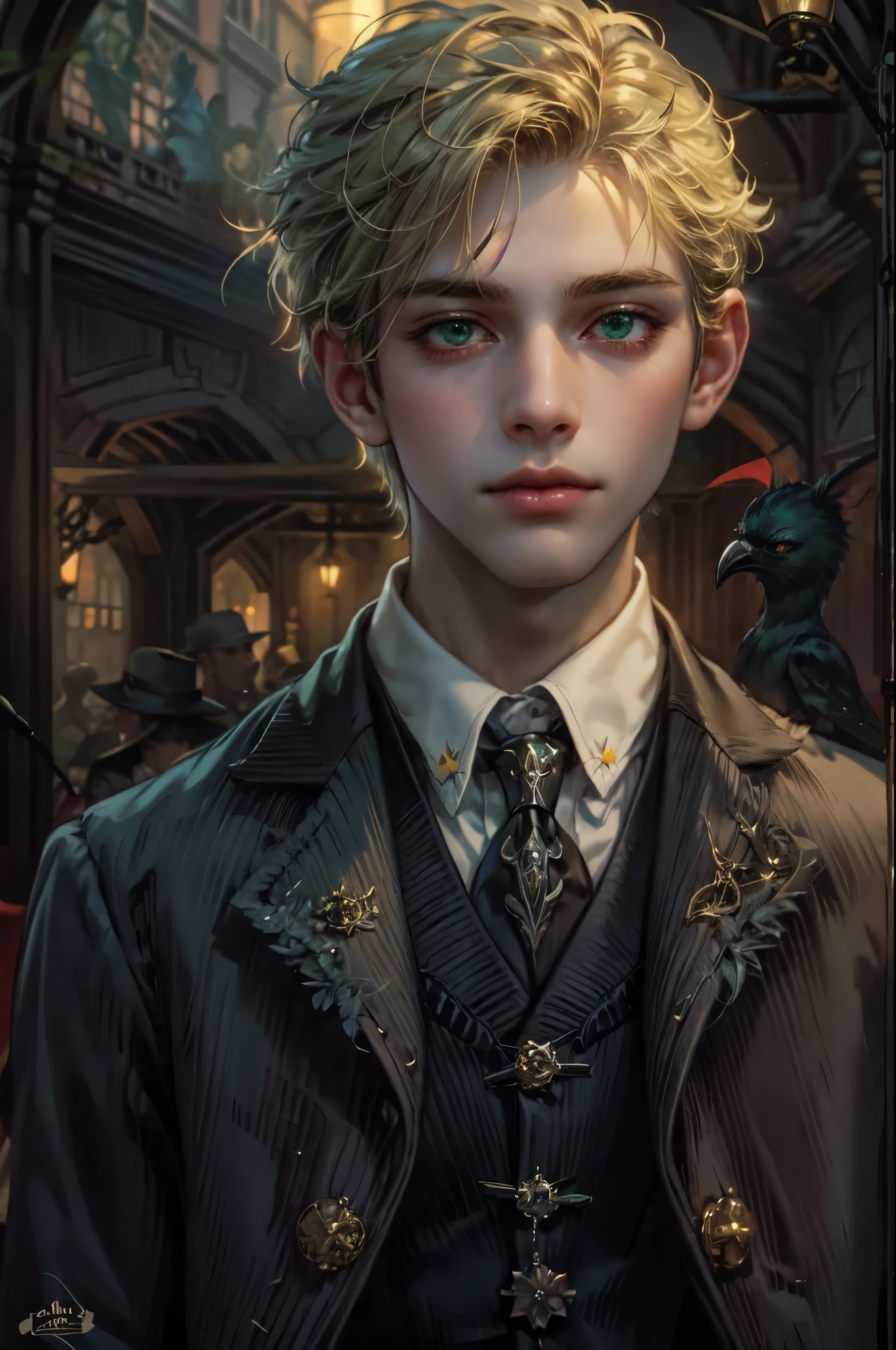 ((Best quality)), ((masterpiece)), (detailed), ((perfect face)), ((halfbody)) In the eerie twilight of a hauntingly beautiful carnival, a dashing young blonde boy with piercing green eyes and raven hair, clad in a vintage black suit, confidently strolls along the cobblestone path. As he passes by the enigmatic booths with its that lie within the heart of this eerie wonderland.