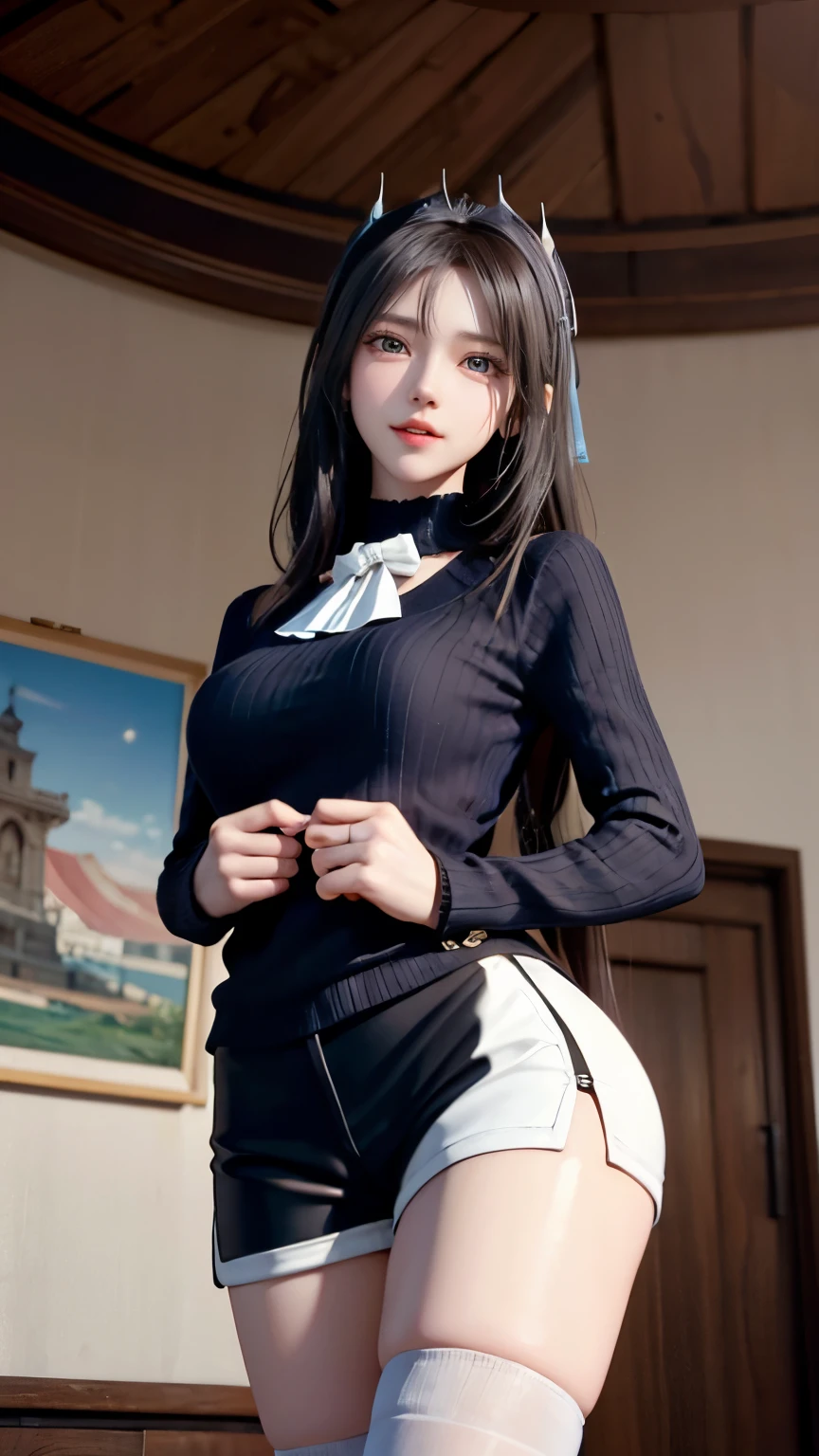 super model,perfect shape,Muchimuchi,girl is staring at the screen,2girl,,Thighhighs,beautiful feet,headdress,dignified expression,seen by a girl from below,Innocent face,mini skirt,girl doing roundhouse kick,voluptuous,bike shorts,tabard