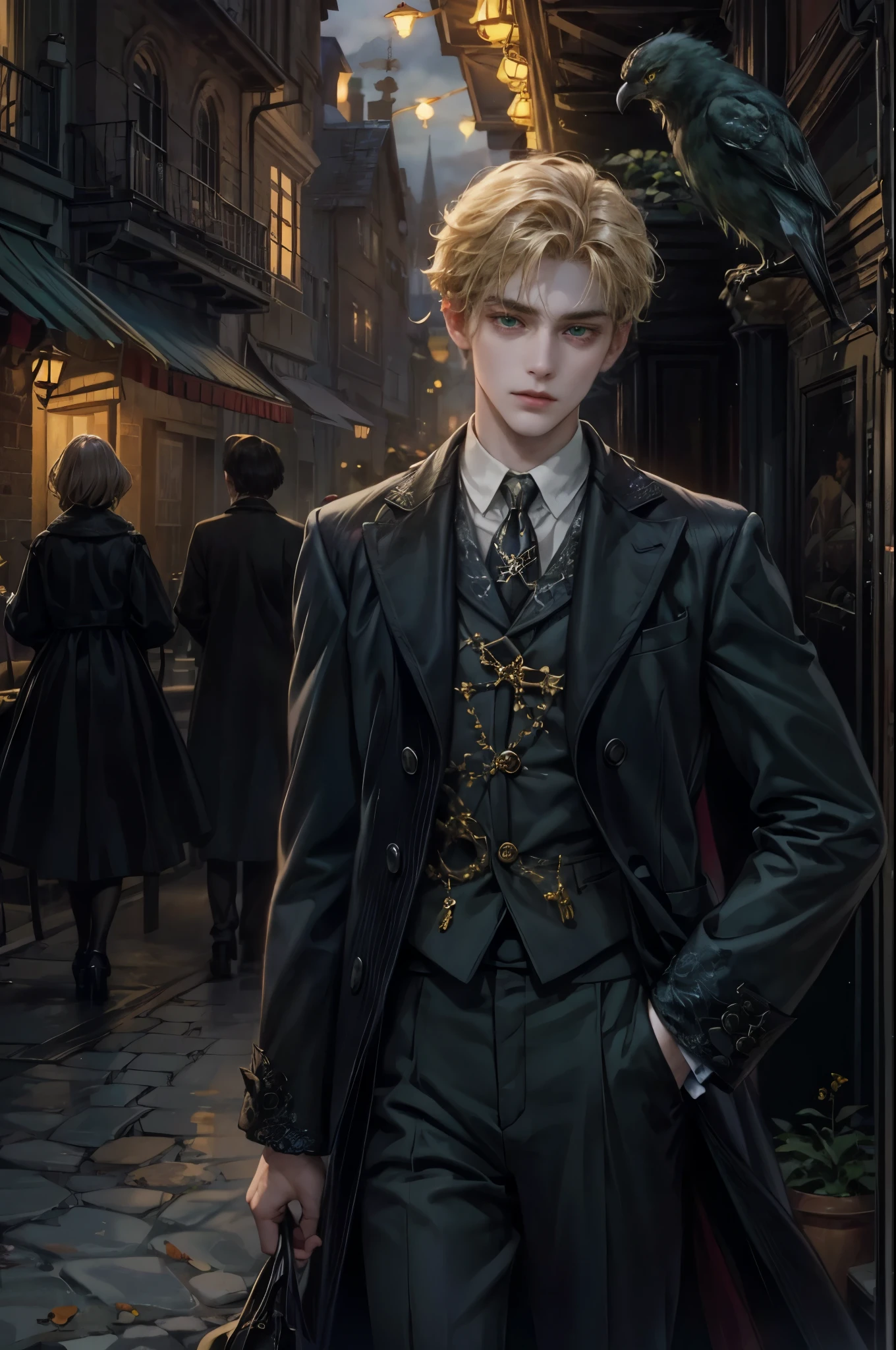 ((Best quality)), ((masterpiece)), (detailed), ((perfect face)), ((halfbody)) In the eerie twilight of a hauntingly beautiful carnival, a dashing young blonde boy with piercing green eyes and raven hair, clad in a vintage black suit, confidently strolls along the cobblestone path. As he passes by the enigmatic booths with its that lie within the heart of this eerie wonderland.