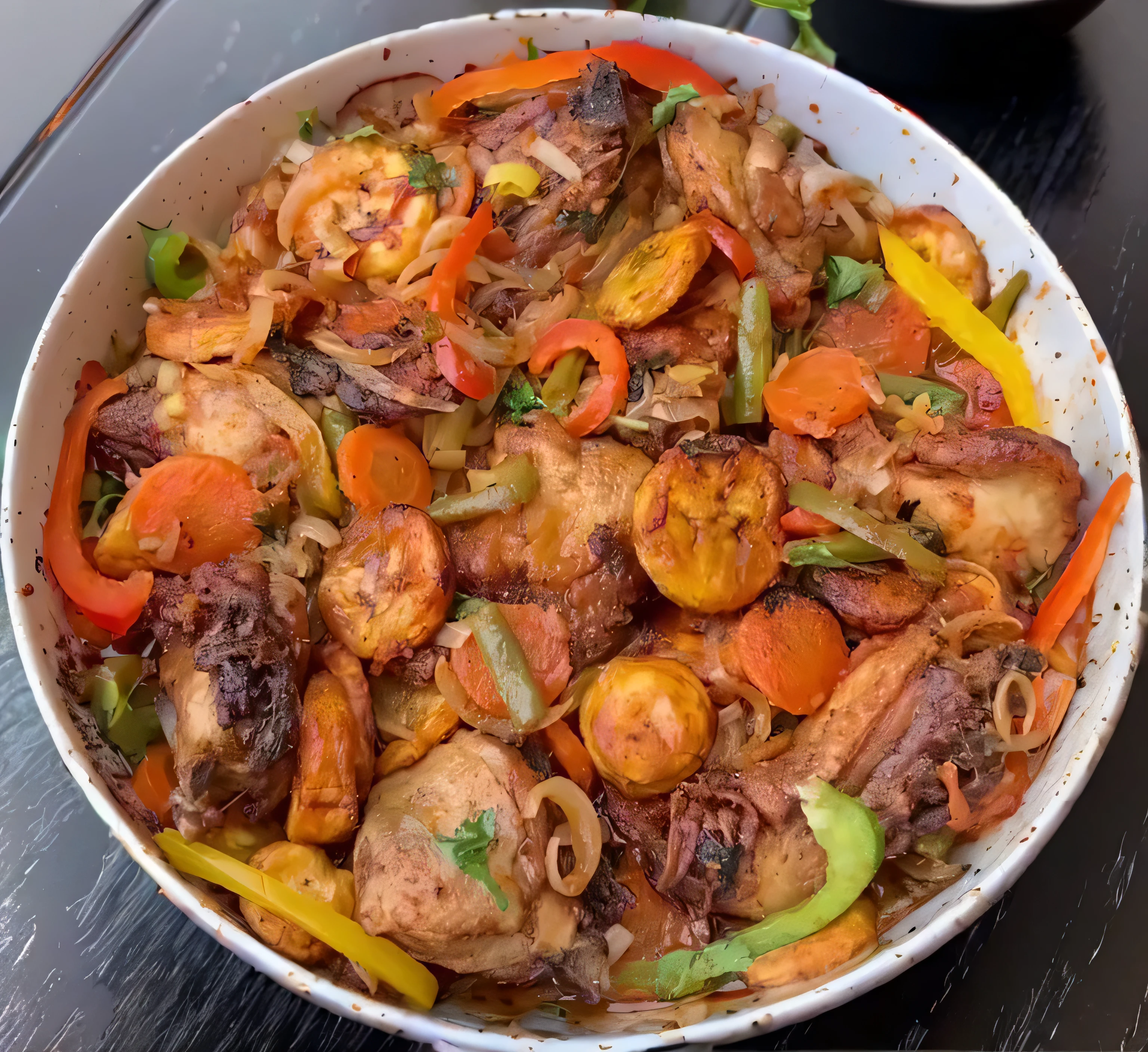 there is a bowl of food that is sitting on a table, yummy, cooked, delicious food, high picture quality, rich colourful, cooked to perfection, ❤🔥🍄🌪, extremely intricate, bowl filled with food, highly intricate, immaculate shading, ratatouille style, chicken, highly intricate and colorful, easy, looks realistic, lomo saltado