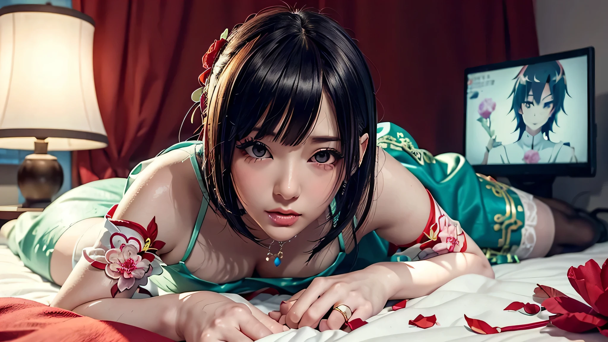 (highest quality, Super detailed, realistic:1.37), 3D anime style girl with green wavy curls, stocks that glow in the dark, delicate facial features，girl with long eyelashes, bright red eyes reflect light, plump lips, colorful crystal necklace, black cheongsam dress，white trim, Peony pattern on clothes, Clear Black Border Thigh Stockings, super wide angle anime shot.perfect body、,(Lie:1.3)