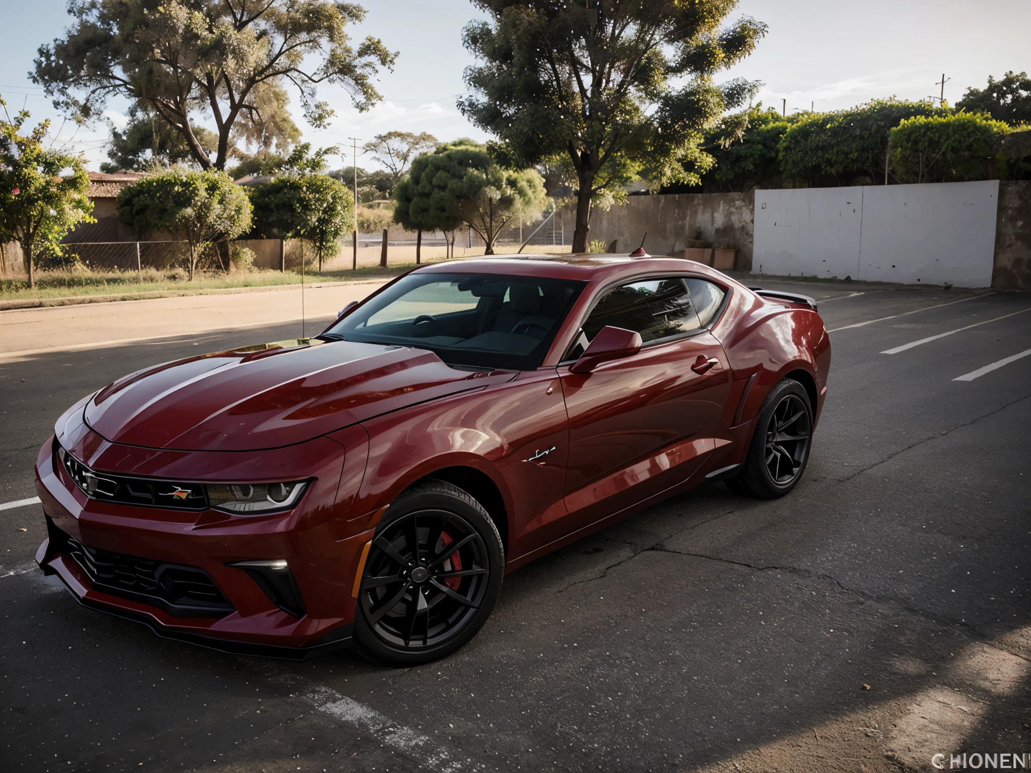 Um Camaro vermelho e preto de lado numa estrada