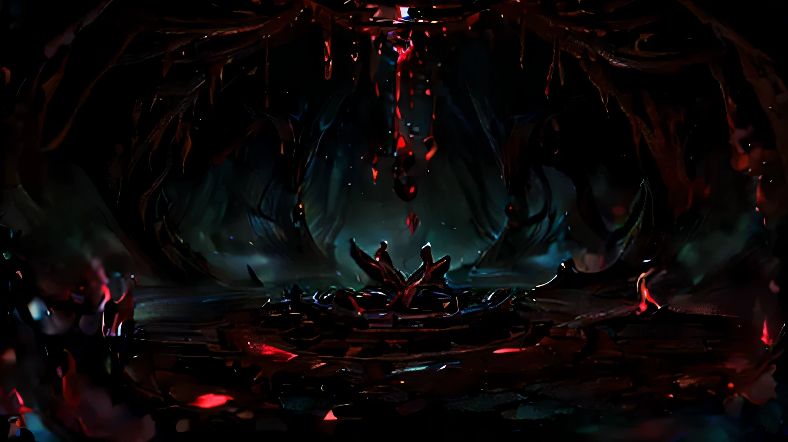 sinister ritual chamber, blood magic, sigil on ground, glow, mist, scenic shot