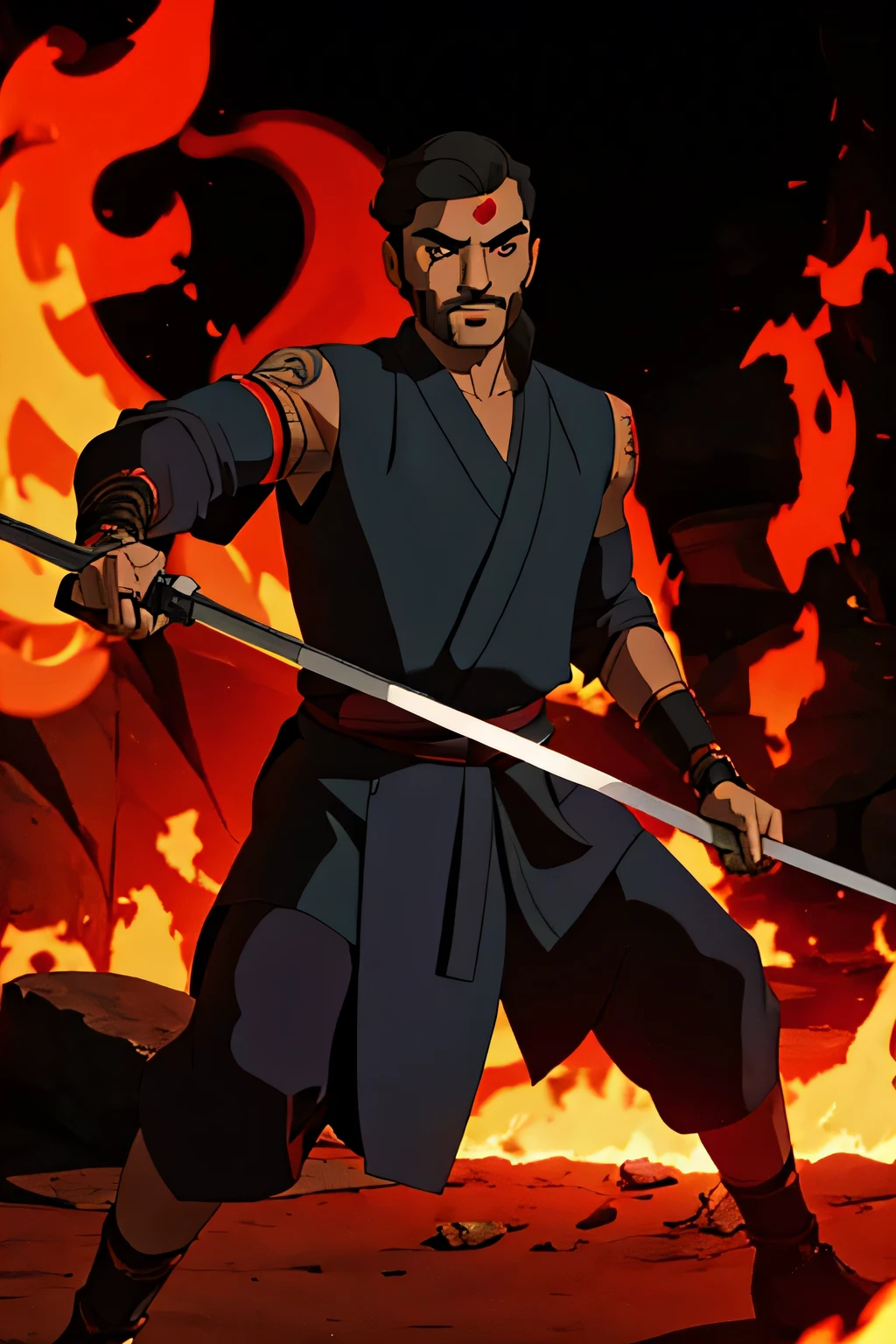 indian man with a black kimono with a sword in one hand and fire in the other hand and a red tatoo in his arm