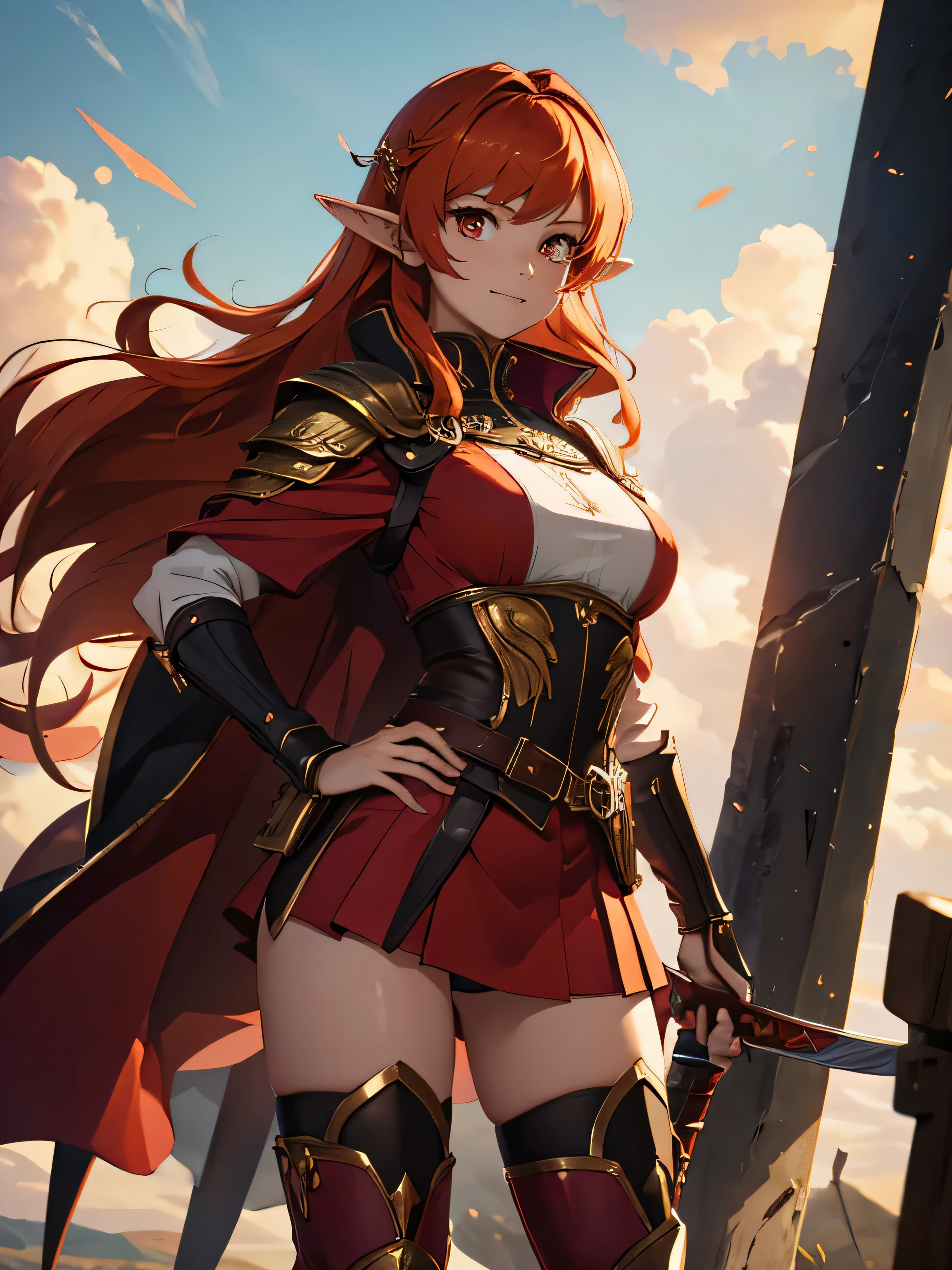 Masterpiece, best quality, , 1_woman, tall, ((body body)), standing, looking at the viewer, (cocky smile), ((stoic)), long elf ears, medium_bust, orange hair, long hair length, red eyes, hand on hip, wearing roman armor, red skirt, golden gauntlets, knee boots, (thigh highs), hill top, clouds, swords, red flag,